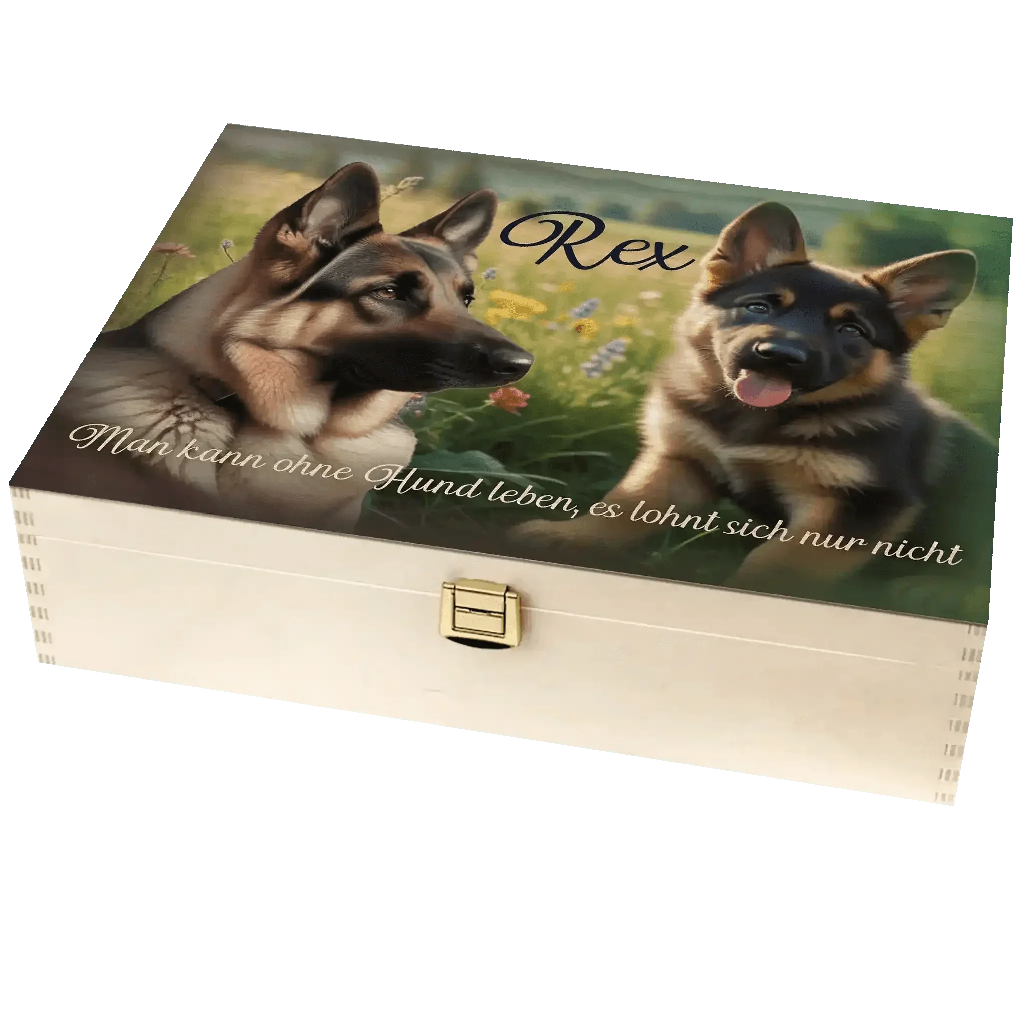 Personalisierte Holzbox mit Schäferhund-Motiv, Name Rex, Blumenwiese, Spruch auf dem Deckel