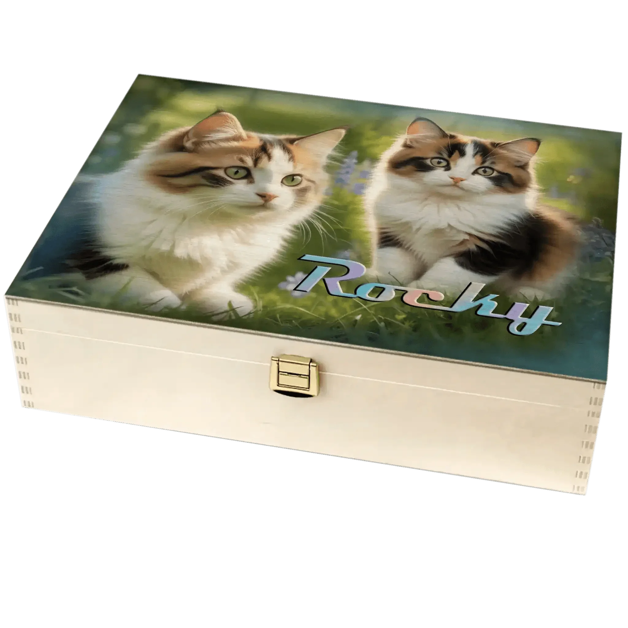 Holzbox mit zwei Katzen, Fotodruck und Schriftzug Rocky auf dem Deckel, Geschenkbox Katze