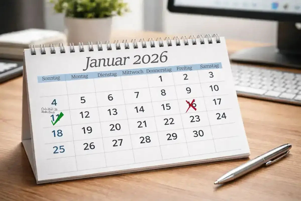 Kalender für Januar 2026 mit markierten Daten, erinnert an Termine und Aufgaben, zur besseren Bearbeitung der Zeit.