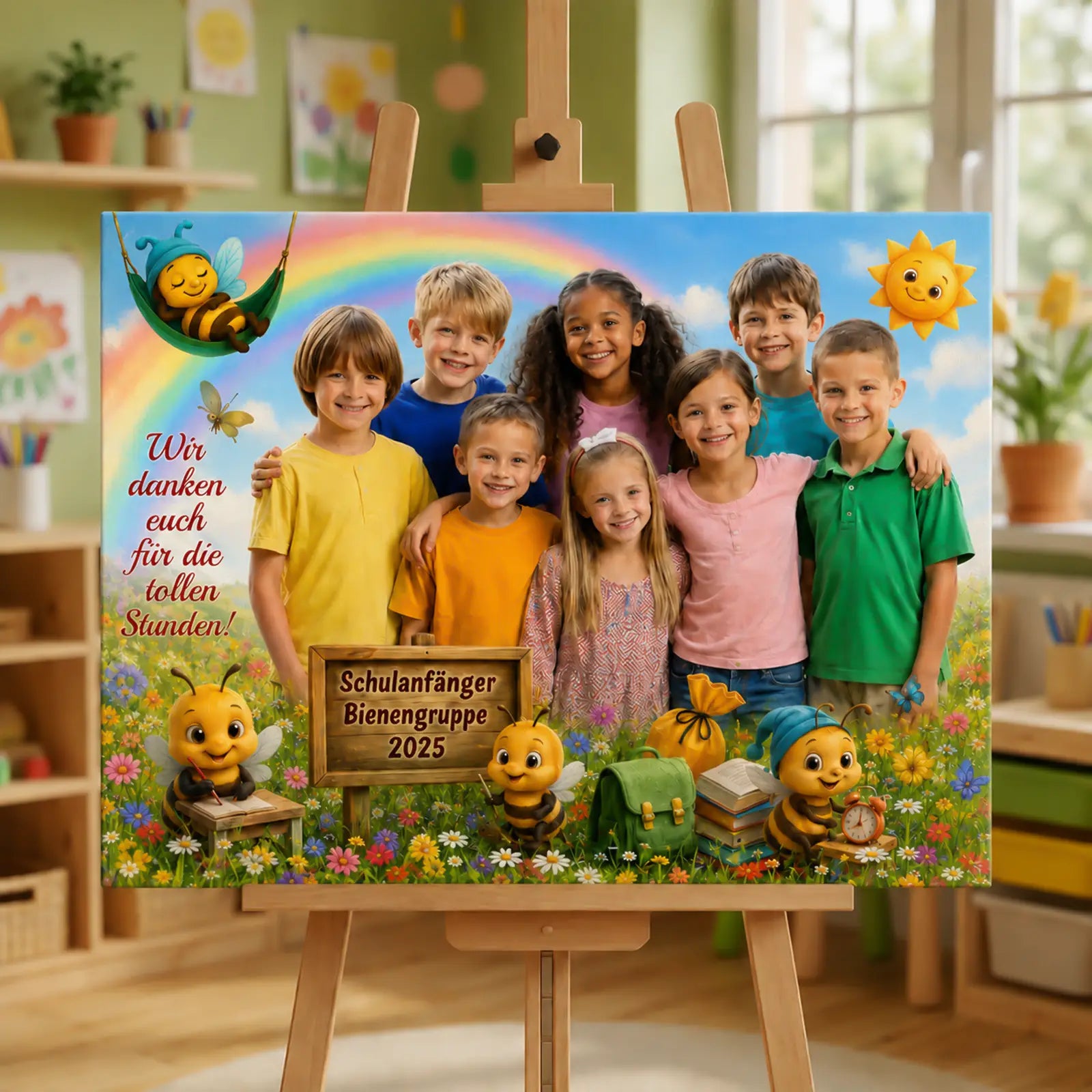 Geschenk zum Kindergartenabschied – Leinwand mit Gruppenfoto von Schulanfängern 2025 und bunten Bienen