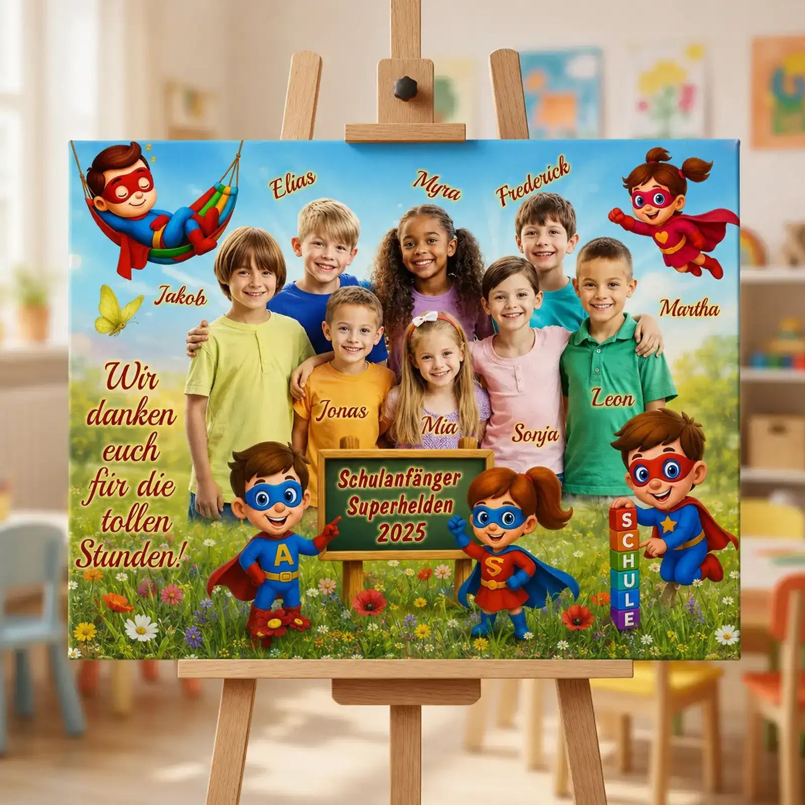 Geschenk zum Kindergartenabschied - Leinwand mit Gruppenfoto der Schulanfänger Superhelden 2025.