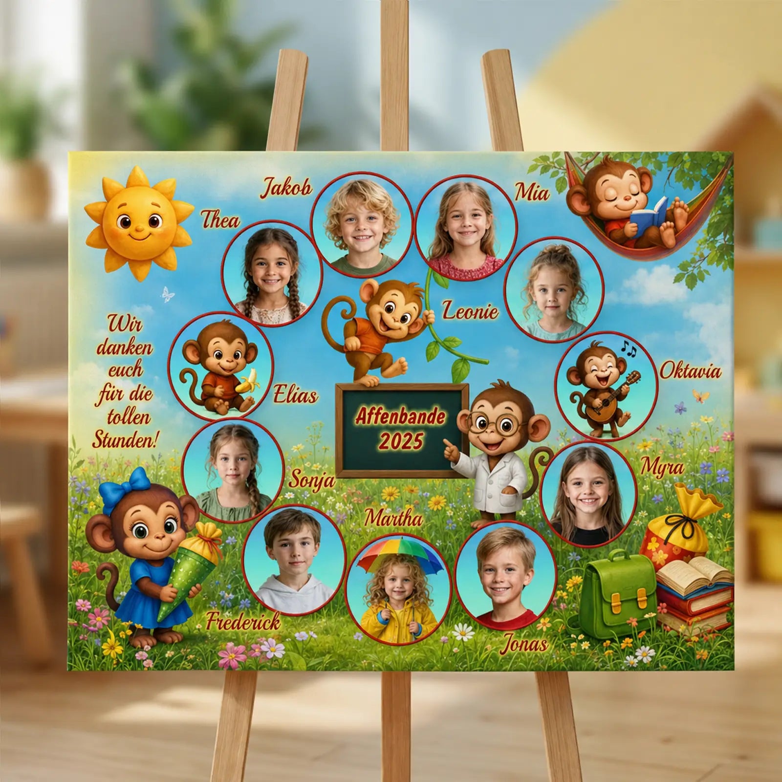 Personalisierte Leinwand als Abschiedsgeschenk für den Kindergarten mit Namen, Kinderfotos und Jahrgang. Die Gruppenmotive werden zu einer Fantasieszene zusammengesetzt, inklusive Dankestext an Erzieherinnen und Begleiter.