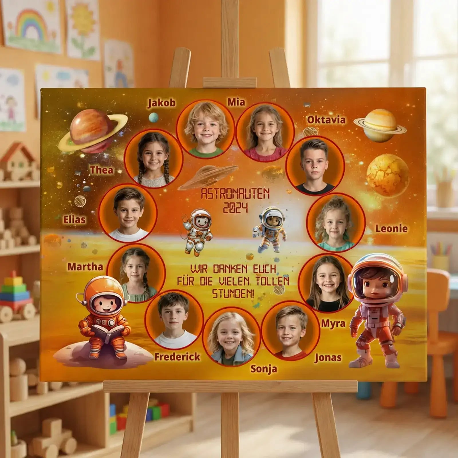Personalisierte Erinnerung an die Kindergartenzeit: Leinwand mit Kindergruppenbild, Namen, Fotos und Dankeschrift