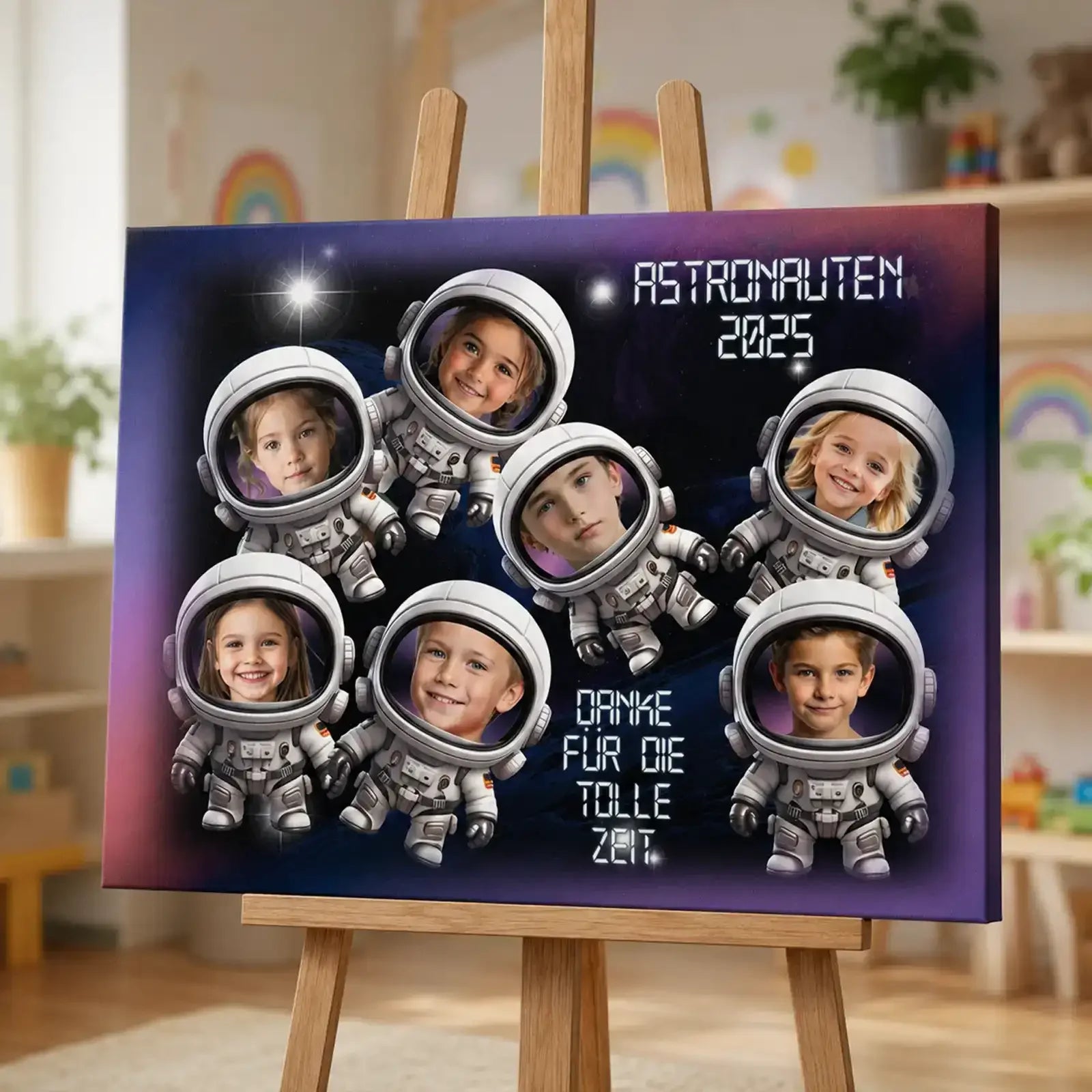 Abschiedsgeschenk für den Kindergarten: Leinwand mit Kindernamen, Einzelfotos und kurzer Widmung in einem gemeinsamen Motiv