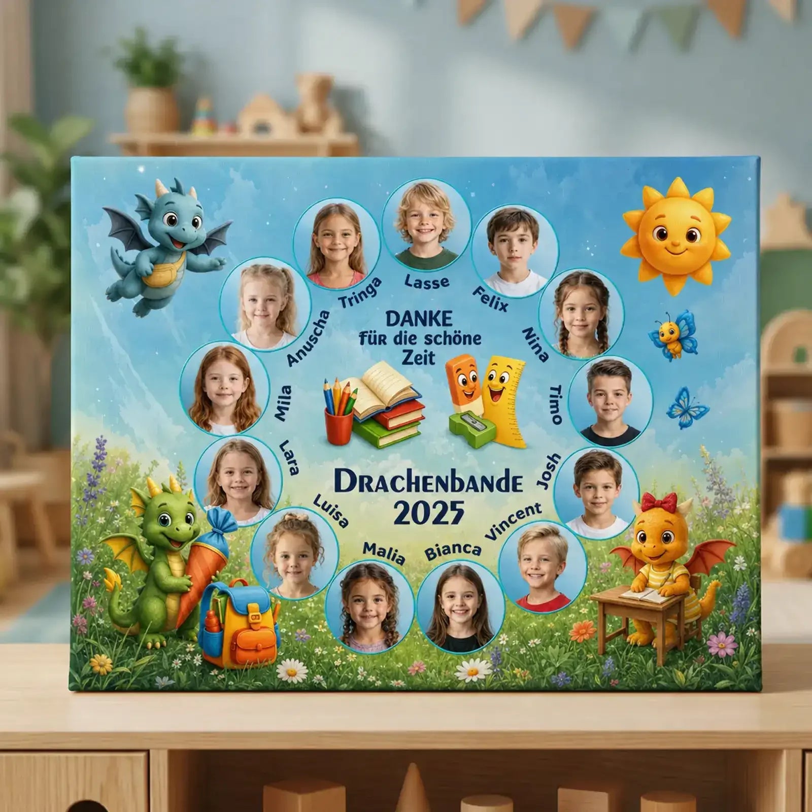 Personalisierte Gruppenleinwand für den Kitaabschied, kombiniert aus Kinderbildern, Namen und Widmung für Erzieherinnen