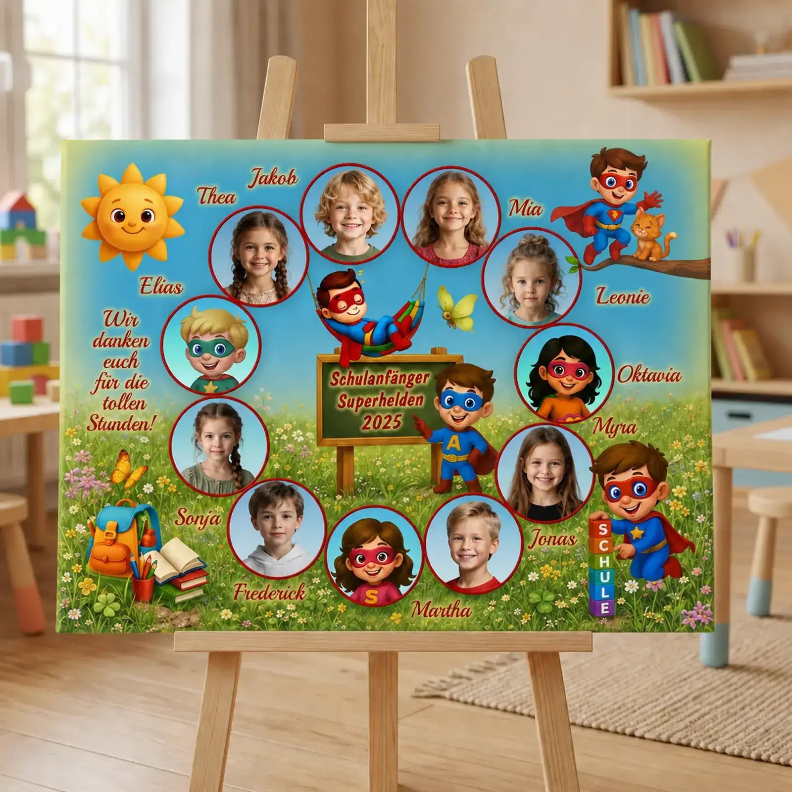 Abschluss-Collage auf Leinwand für Kindergartenkinder mit Namen, Einzelfotos und persönlicher Botschaft an die Gruppe