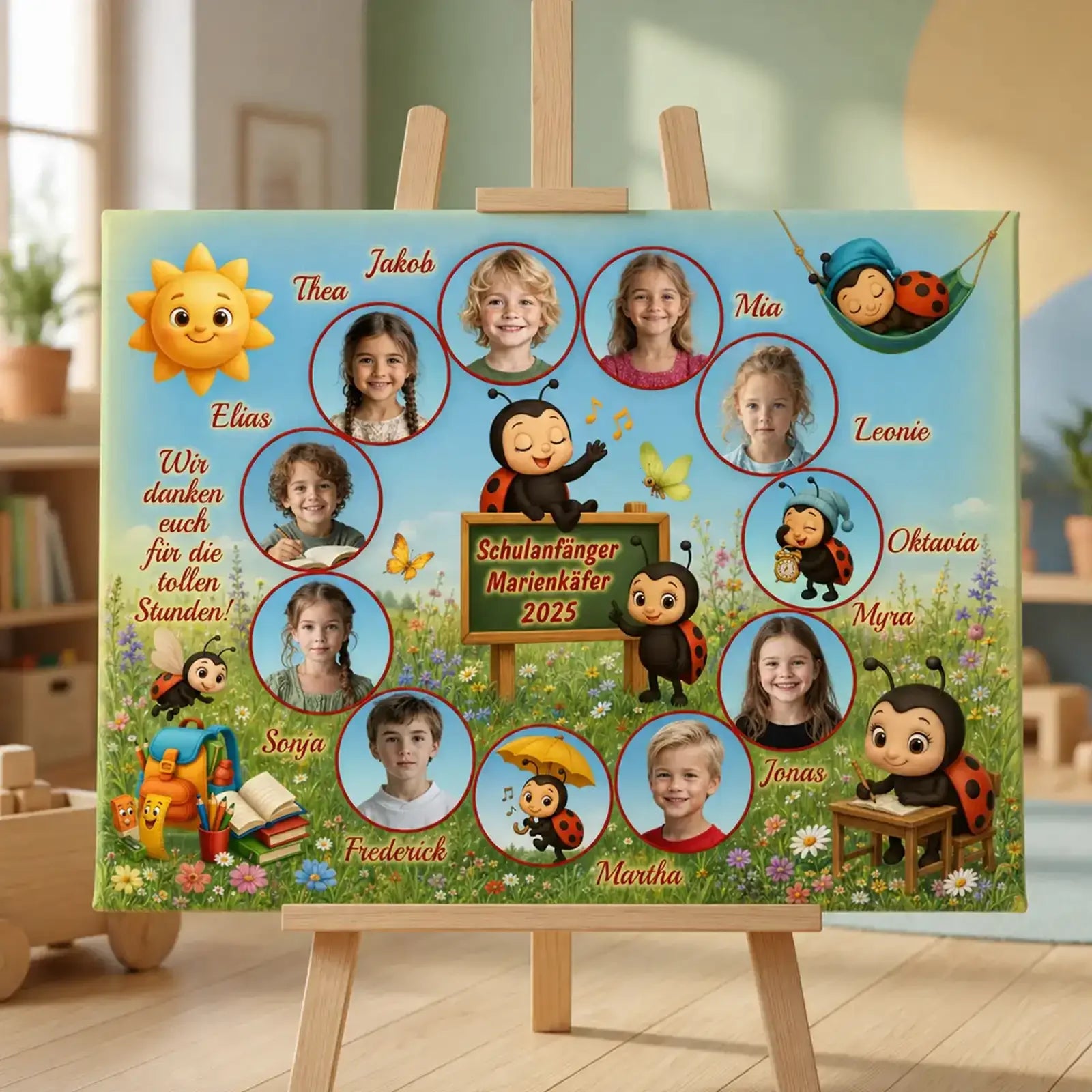 Kindergarten-Abschlussbild als Leinwand mit Namen und Einzelfotos aller Kinder, ergänzt durch persönlichen Dankestext.