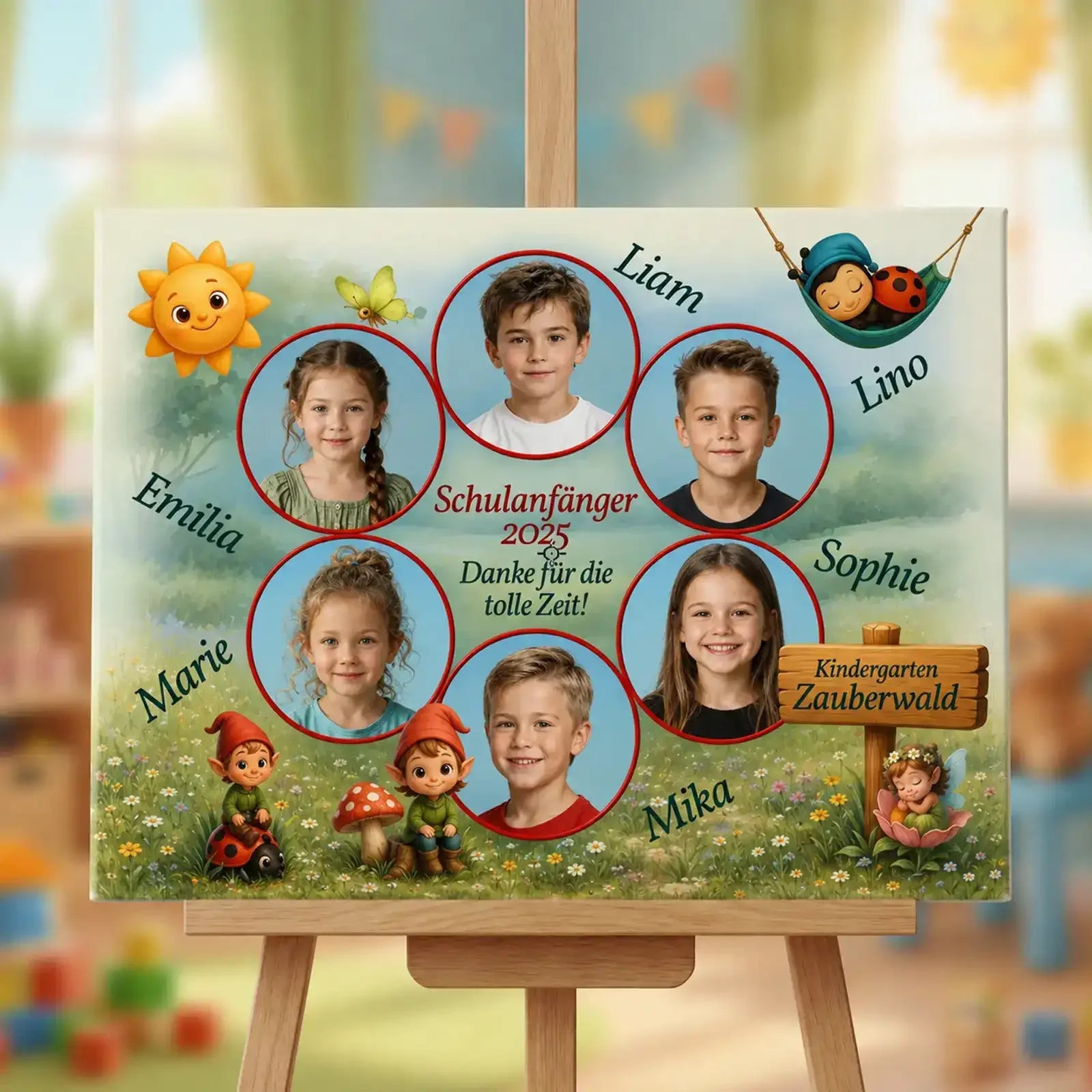 Geschenk zum Kitaabschied: Leinwandcollage mit Einzelfotos, Namen und kurzer Widmung, gestaltet als gemeinsames Gruppenmotiv
