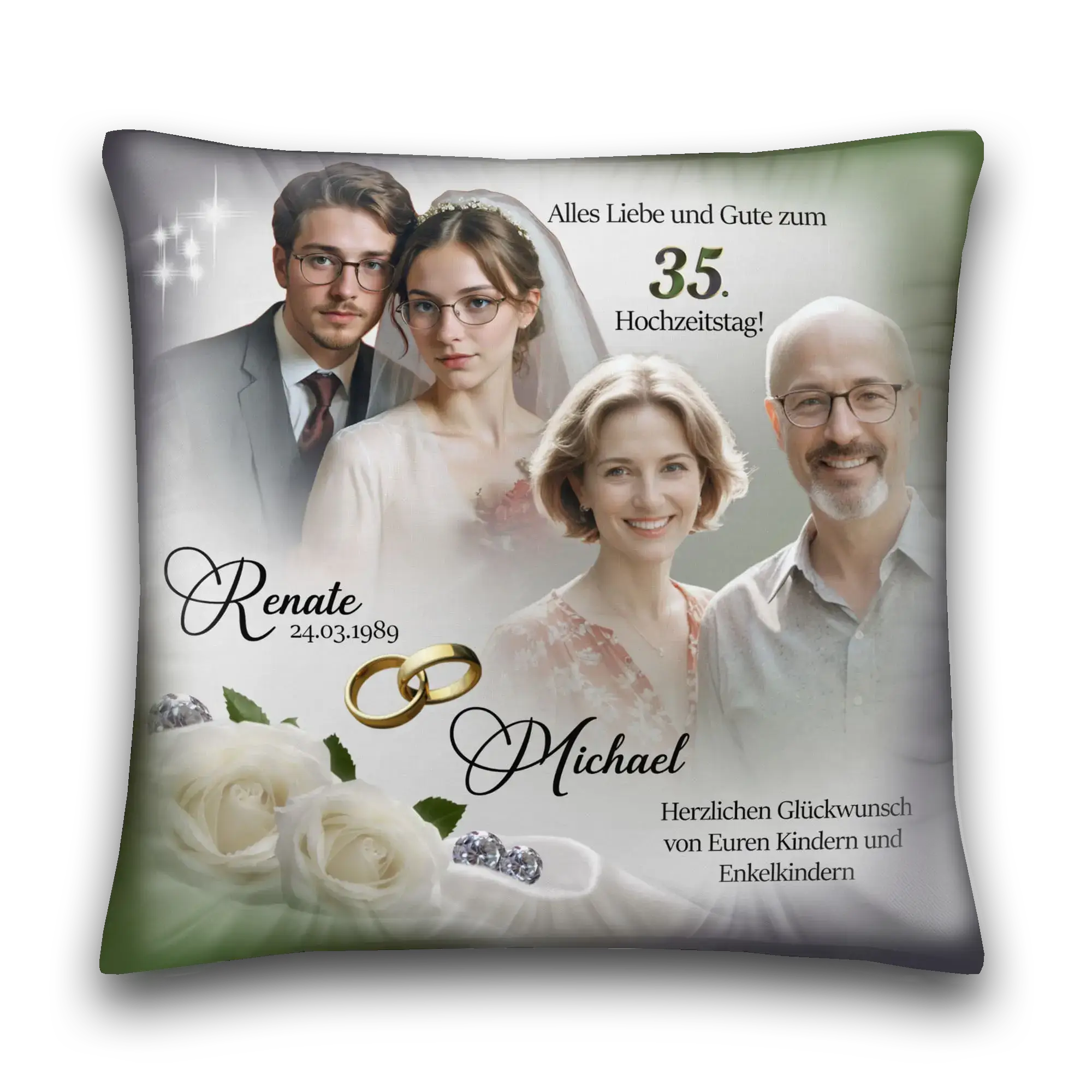 Personalisiertes Kissen zum 35. Hochzeitstag mit Paarporträts, weißen Rosen, goldenen Ringen und deutscher Jubiläumsbotschaft.
