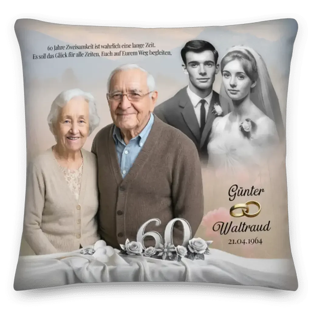 Personalisierte Kissen 40x40, Geschenk zur diamantenen Hochzeit mit älterem Ehepaar und Hochzeitsfoto, 60 Jahre, Name und Datum.