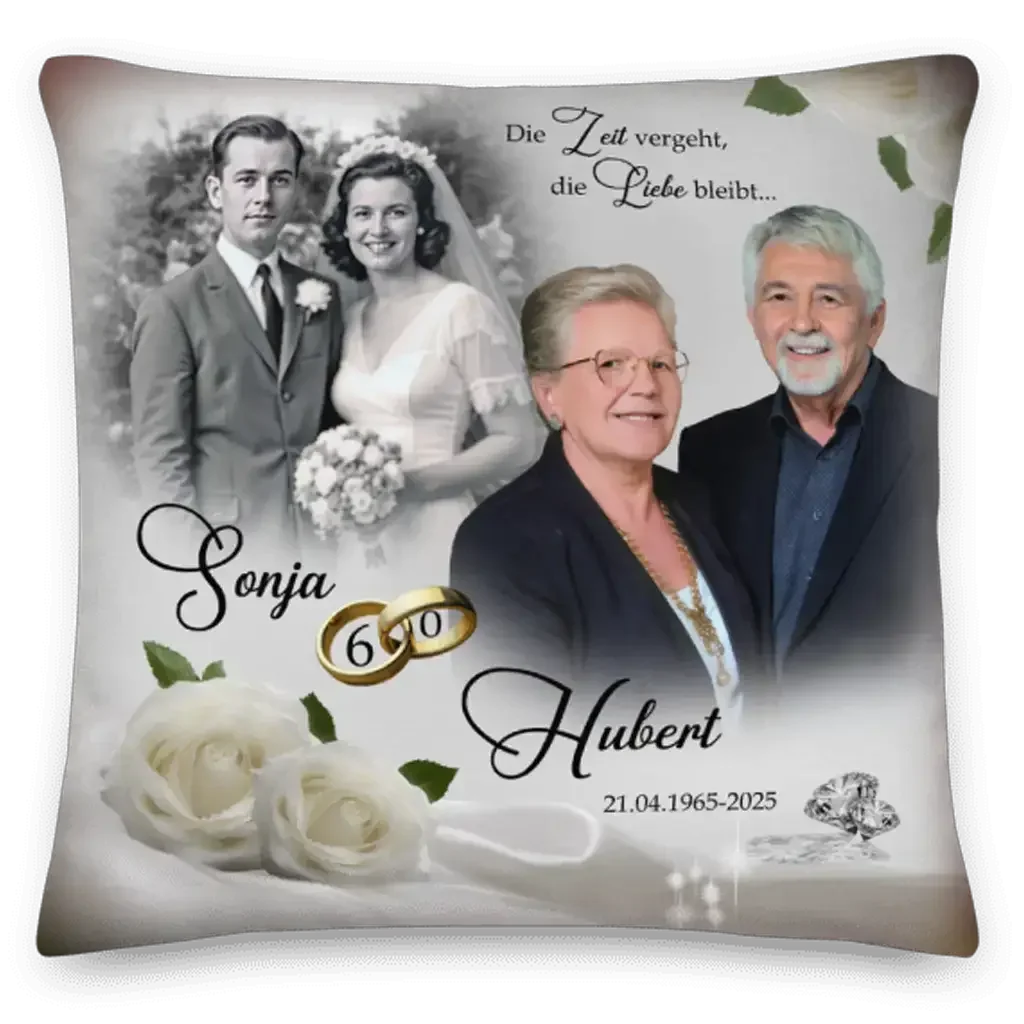 Fotokissen 40x40 mit goldenem Hochzeitsmotiv, Brautpaar, Rosen und Eheringen, personalisiert