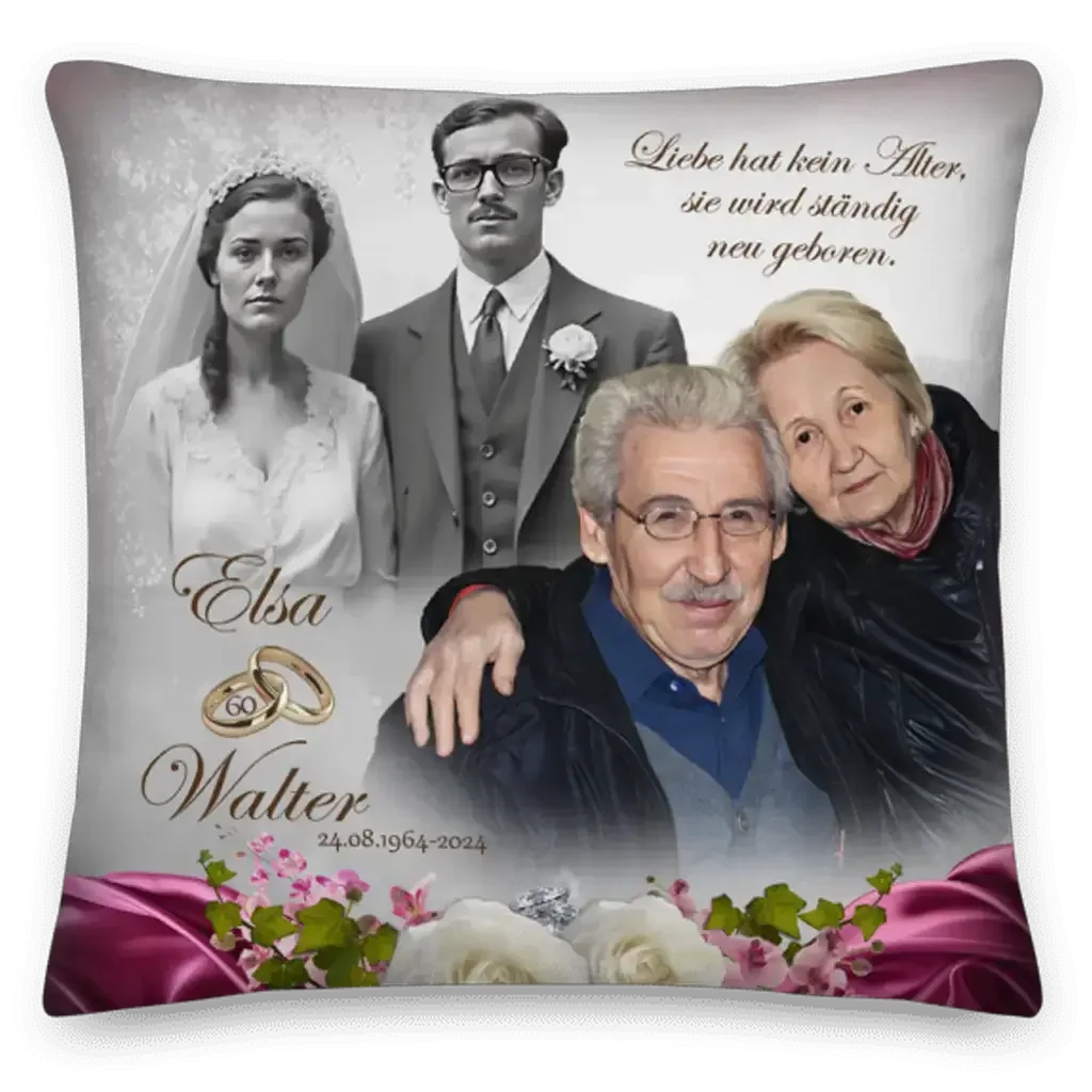 Personalisiertes Kissen mit Hochzeitsfoto, älteres Ehepaar, goldene Hochzeit, Blumenmotiv