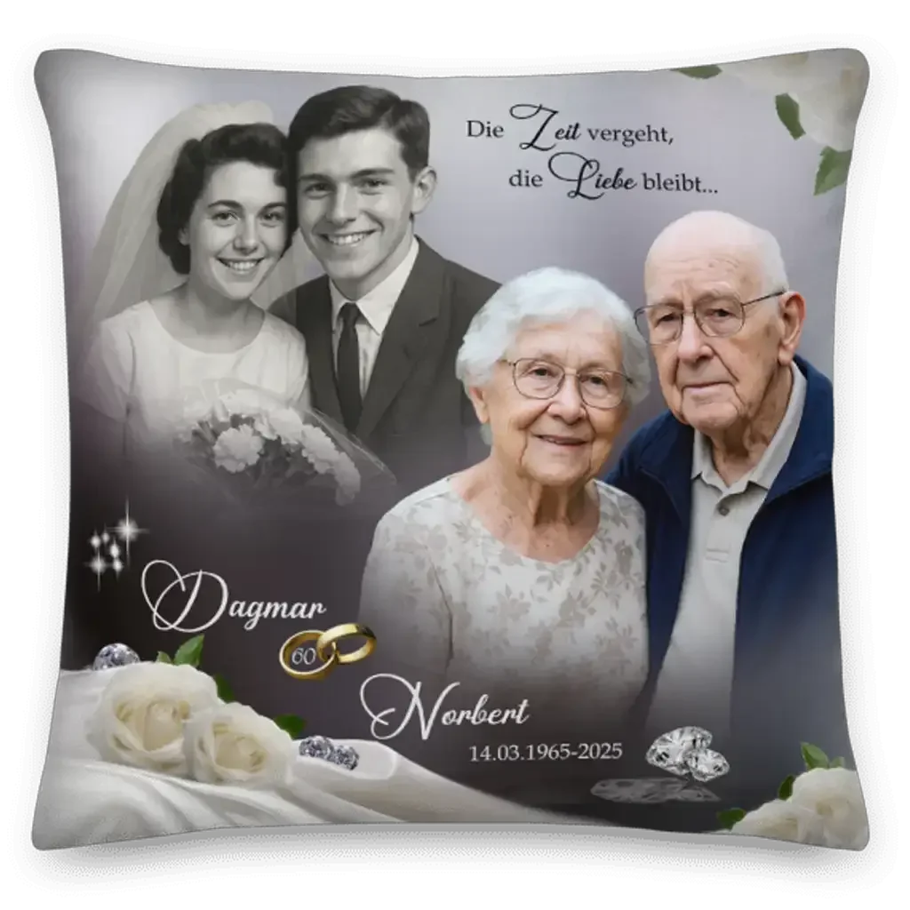 Personalisiertes Kissen zur Diamantenen Hochzeit mit Hochzeits- und aktuellem Paarfoto, Rosen, Ringen und Namen Dagmar und Norbert.