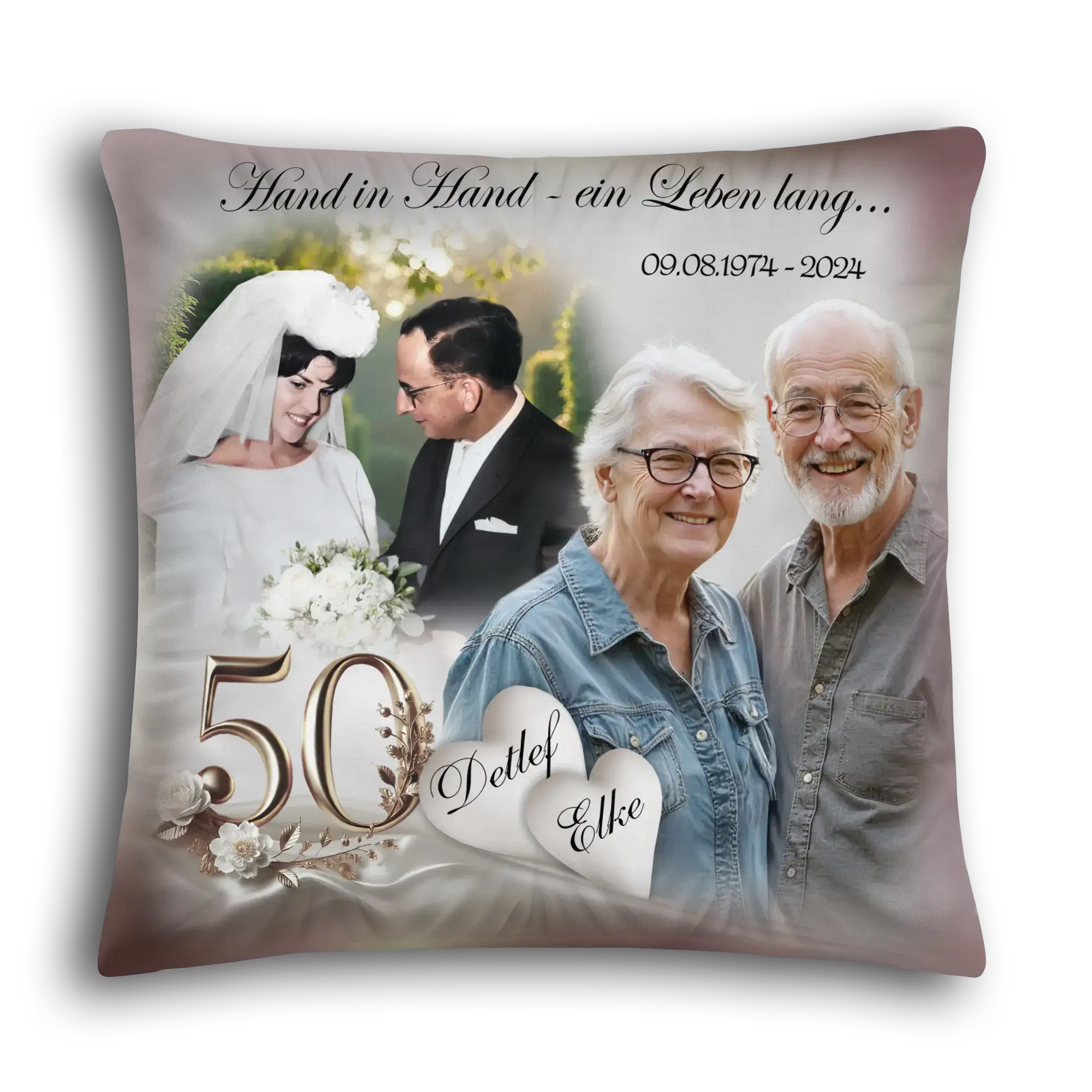 Kissen Goldhochzeit mit Fotocollage Ehepaar jung und alt, 50 Jahre, Namen Detlef Elke, Jubiläum
