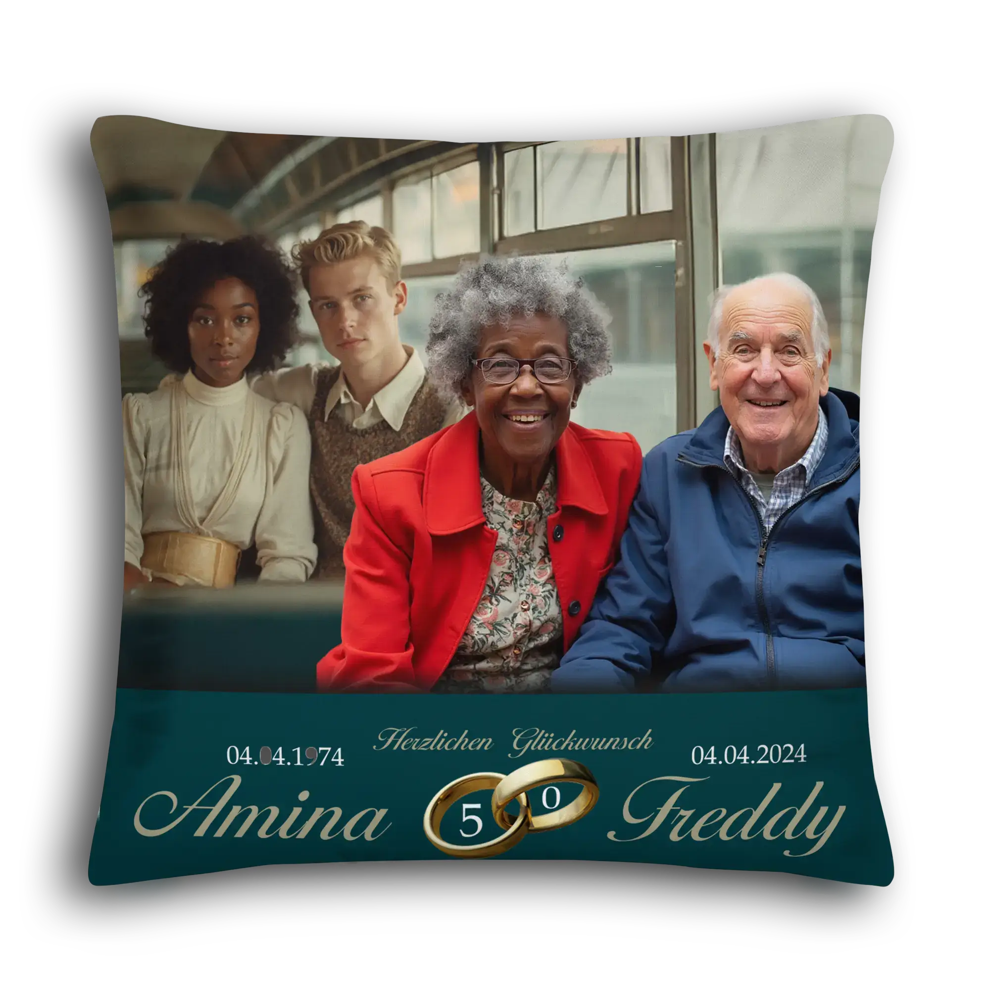 Personalisiertes Kissen Goldene Hochzeit, älteres Paar mit Familie im Bus, Aufschrift Amina und Freddy, Jubiläum 50 Jahre.