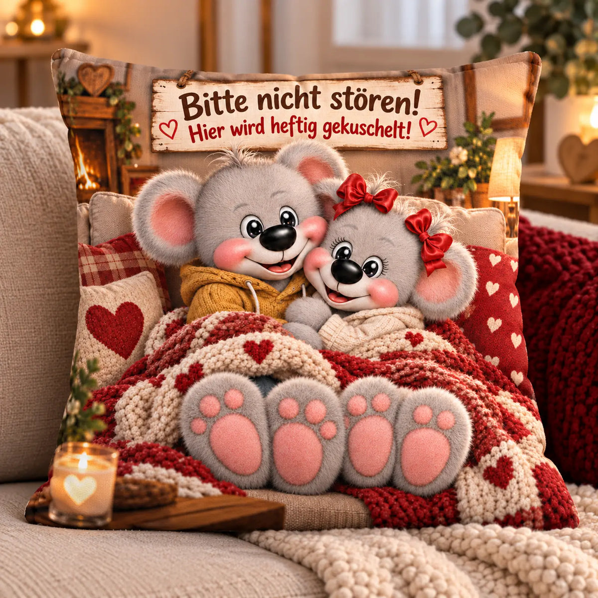 Bedrucktes Kissen mit Creddy Teddy. Bitte nicht stören - hier wird gekuschelt. Ideal als Geschenk für Verliebte.