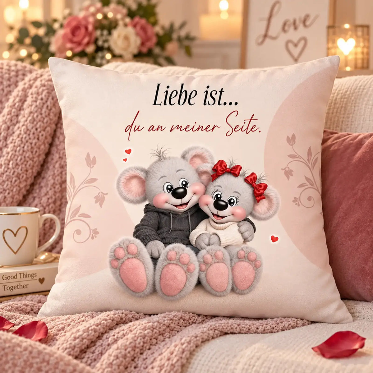 Dekokissen mit Creddy Bärenpaar und Spruch Liebe ist... du an meiner Seite