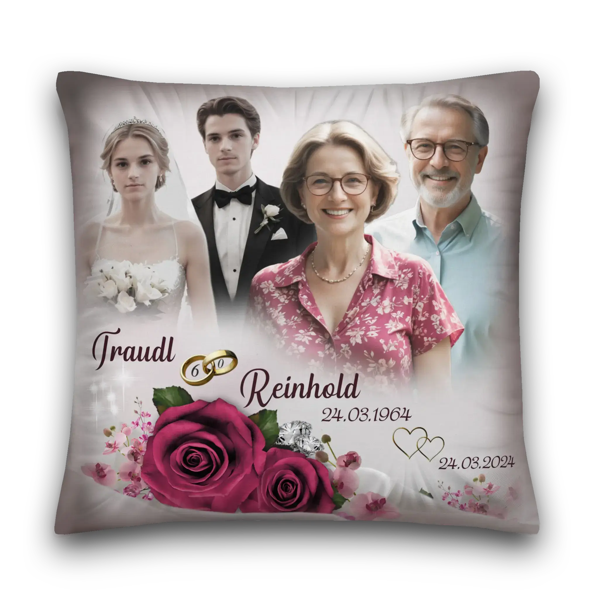 Personalisierte Kissen Diamanthochzeit mit Foto von Ehepaar, Blumen, Eheringen und Datum