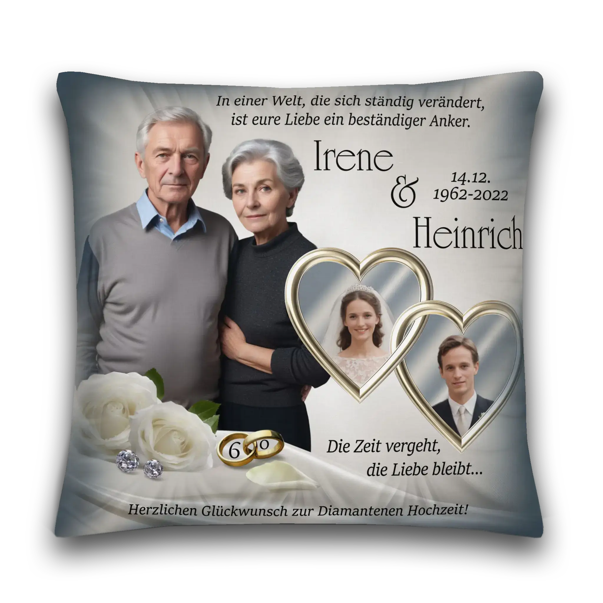 Personalisiertes Kissen Diamanthochzeit mit älterem Paar, weißen Rosen, Ringen und Herzrahmenfotos