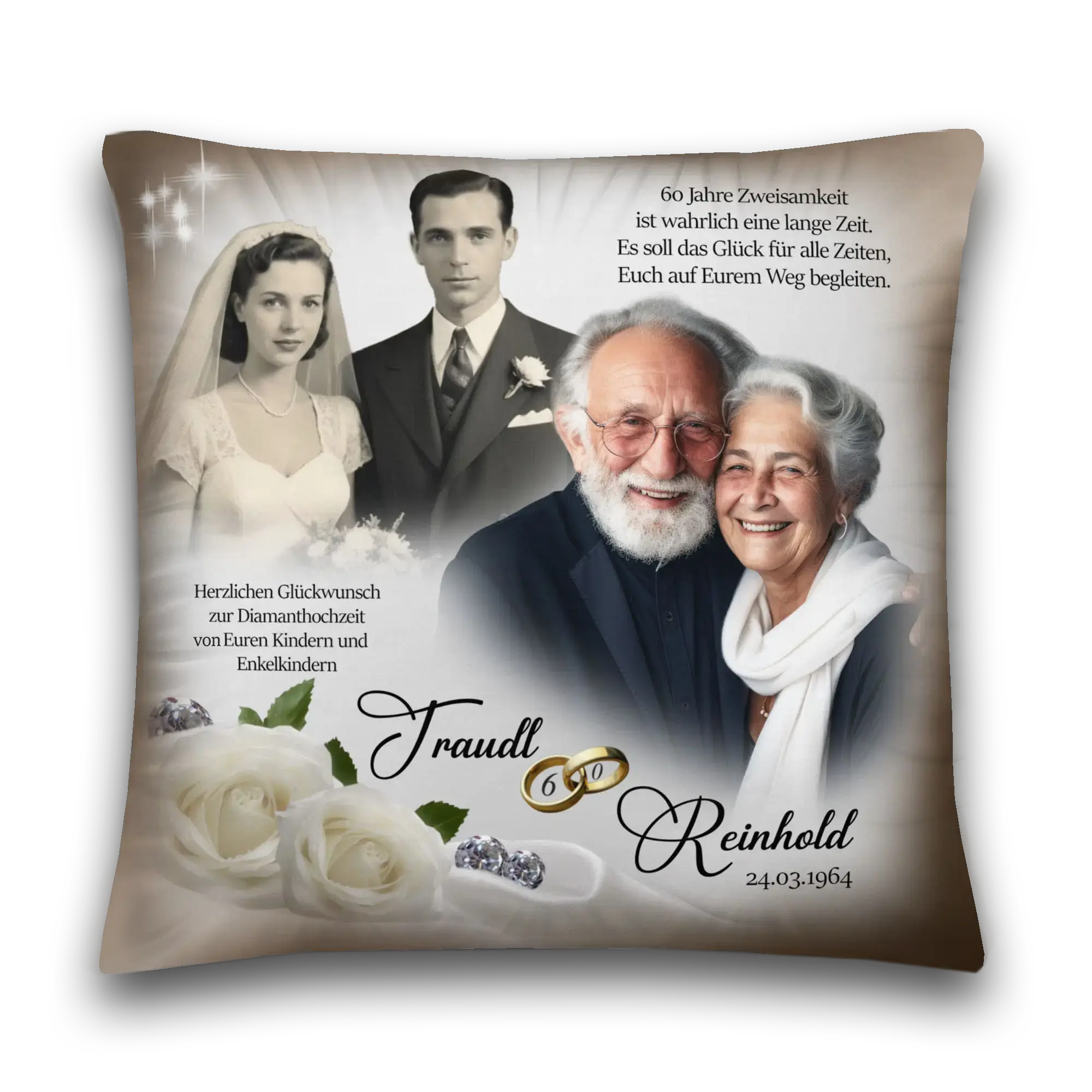 Personalisiertes Kissen zur Diamanthochzeit mit Paarfotos, weißen Rosen und Jubiläumsring