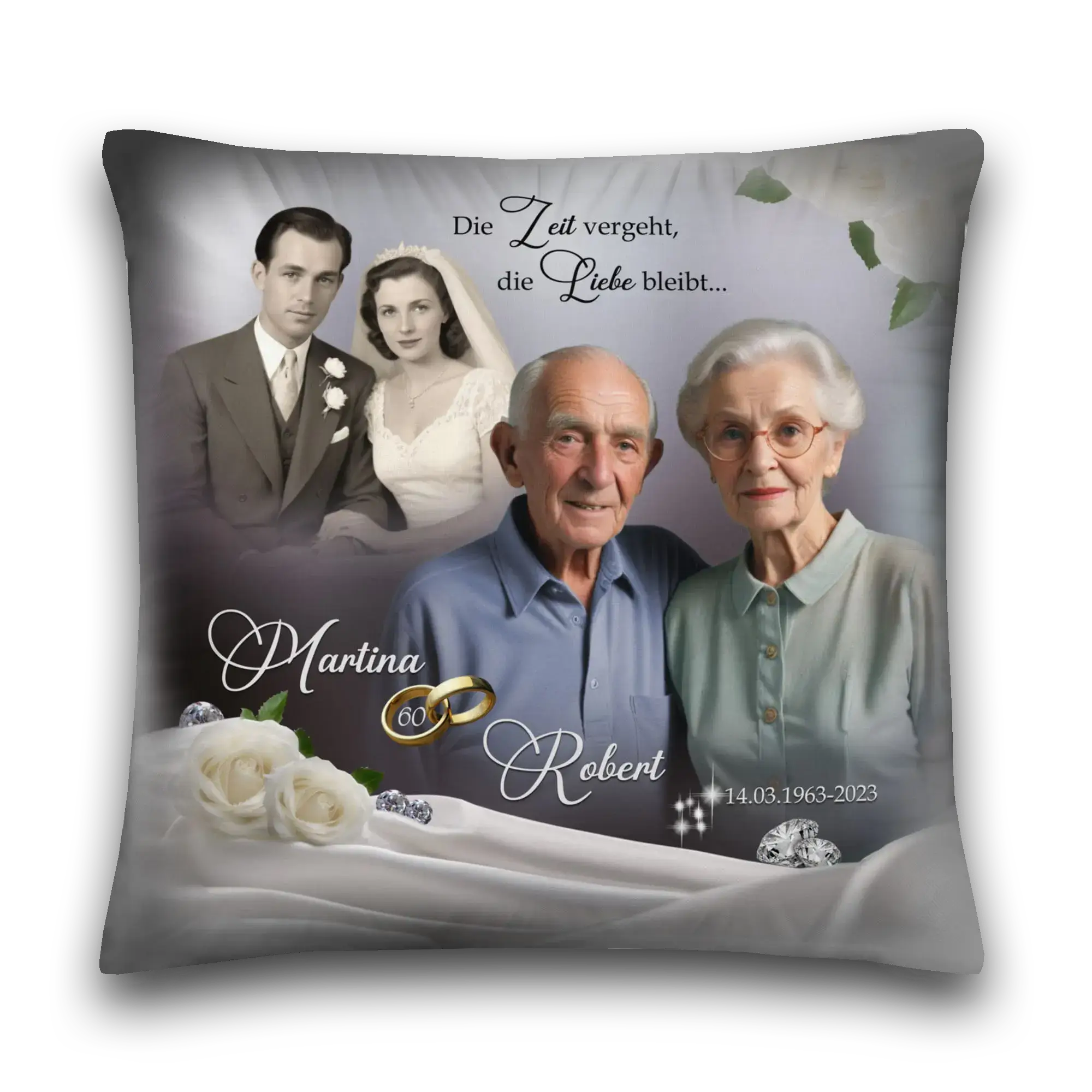 Kissen Diamanthochzeit mit altem und neuem Paarfoto, weißen Rosen und goldenen Ringen.