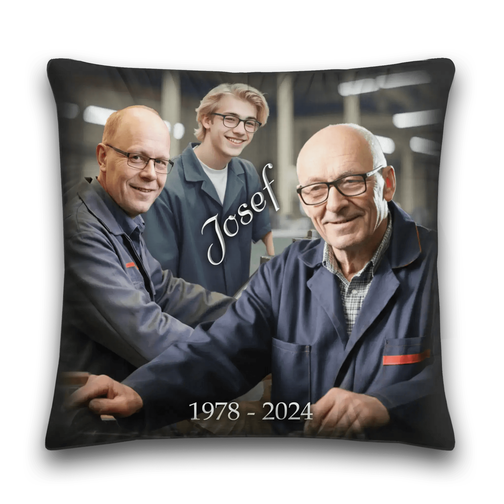 Personalisiertes Kissen mit drei Männern in Arbeitskleidung, Name Josef, Jahre 1978-2024