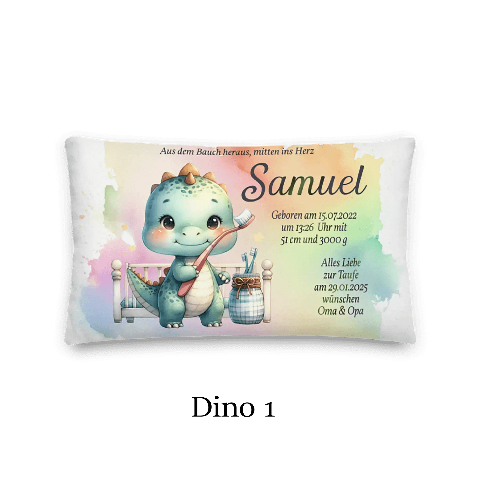Personalisierbares Kissen mit süßem Dino, Name Samuel, Geburtsdaten und buntem Hintergrund.