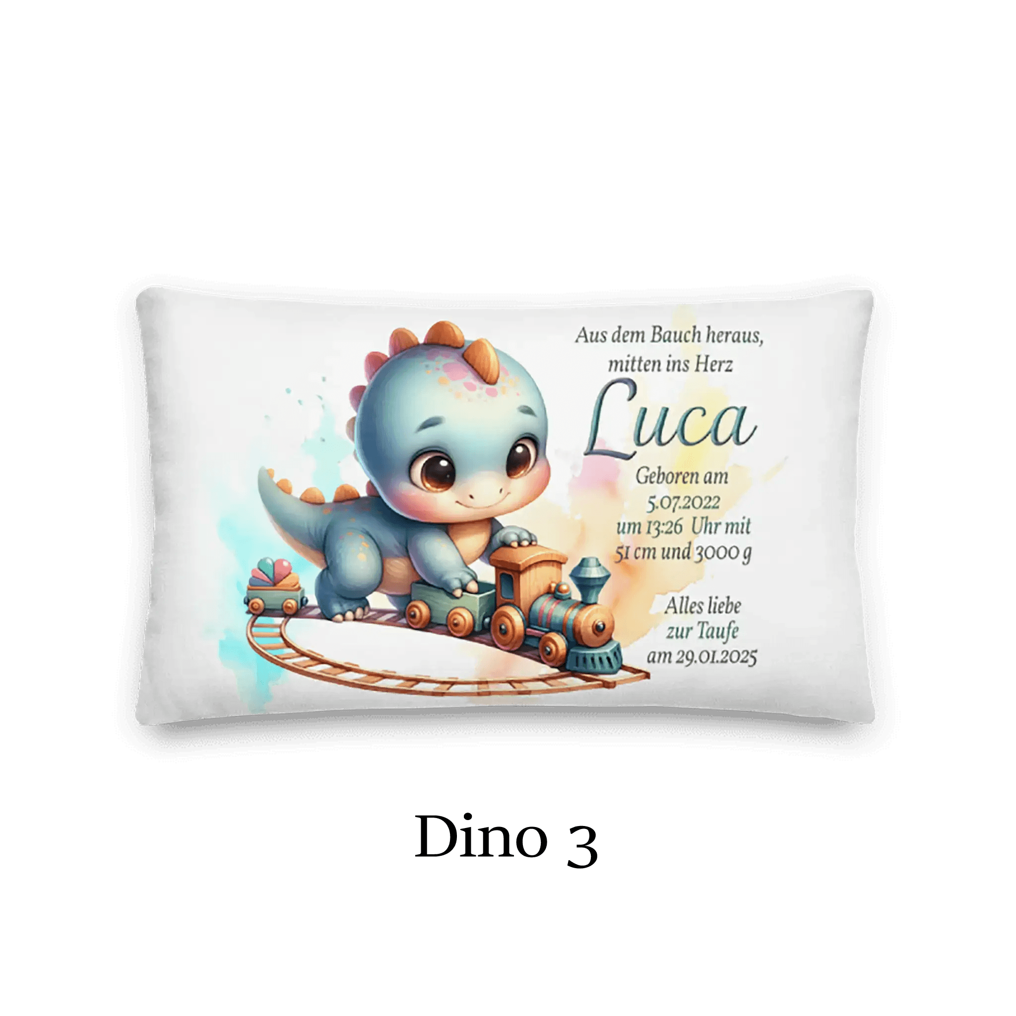 Kinderkissen mit süßem Dino-Motiv, personalisiert, Name Luca, bunte Eisenbahn, Taufgeschenk