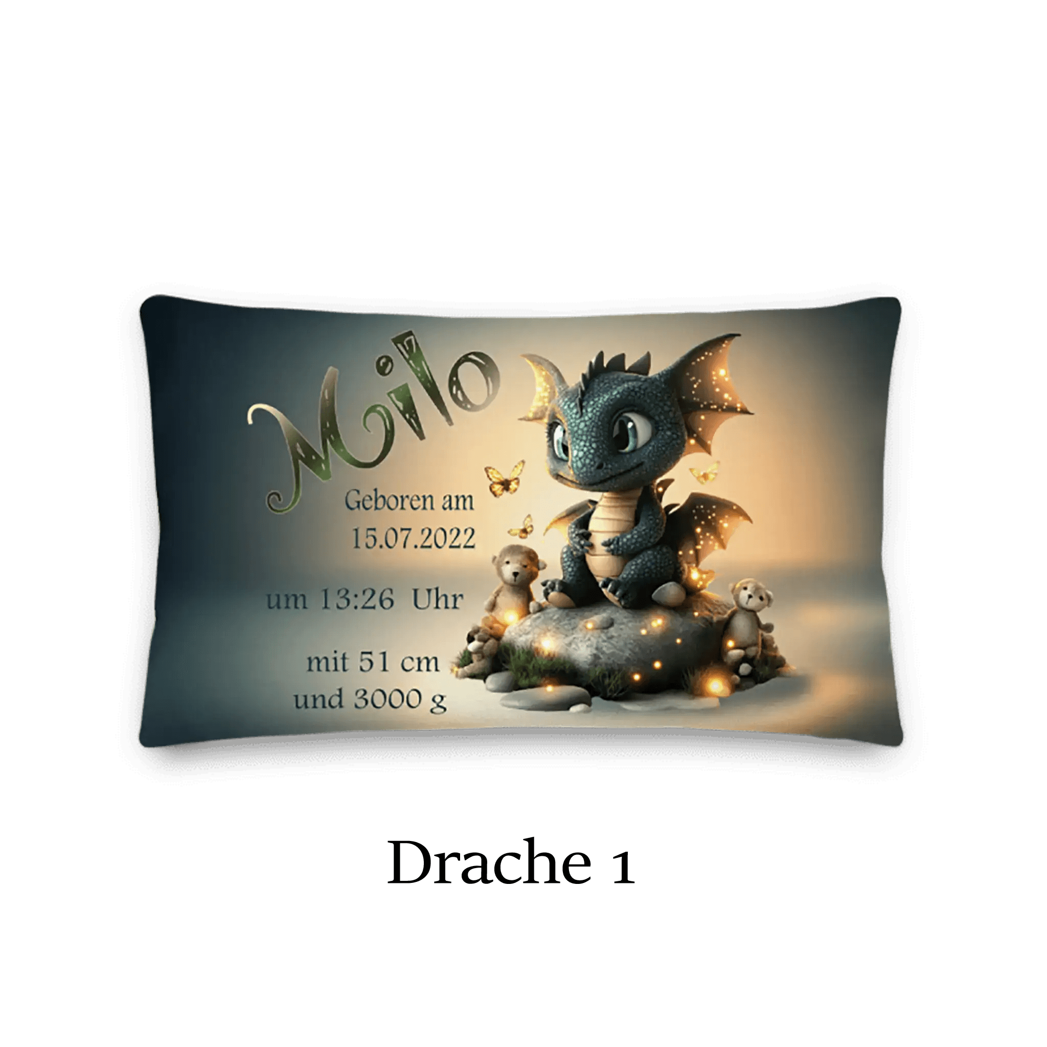Kissen mit niedlichem Drachen, Geburtstagsdaten und Kuscheltier, personalisiertes Geschenk