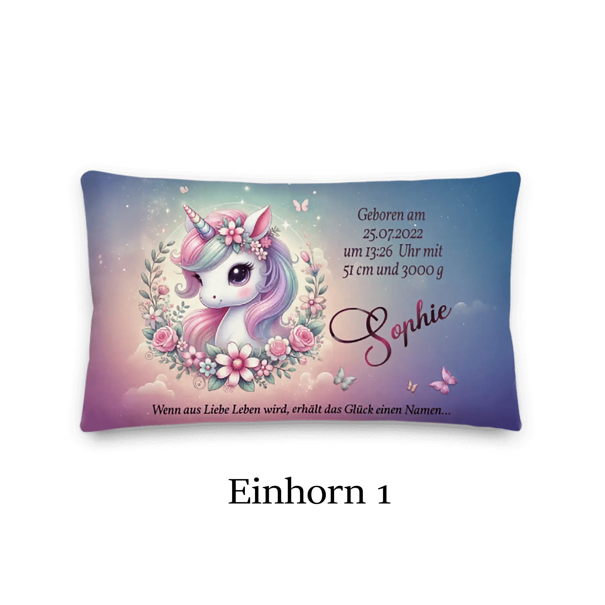 Rechteckiges Kissen mit niedlichem Einhorn, Blumenkranz und personalisiertem Text auf pastellfarbenem Hintergrund.
