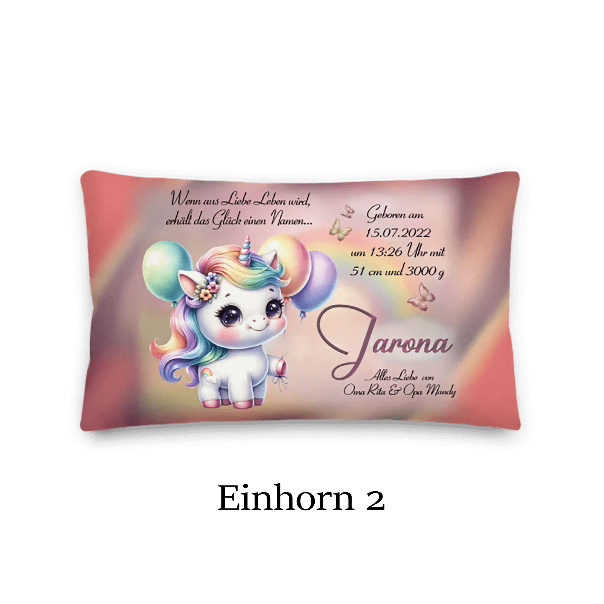 Personalisiertes Kissen mit niedlichem Einhorn-Motiv, Geburtstagsdaten und Namensaufdruck.