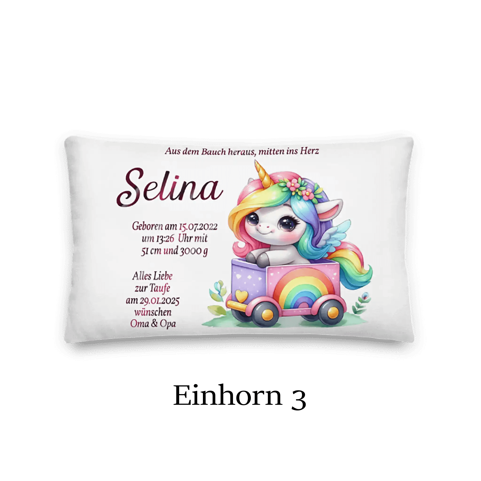 Kinderkissen mit Einhorn-Motiv, Regenbogen, Name Selina, Geburtsdaten, personalisiertes Geschenk