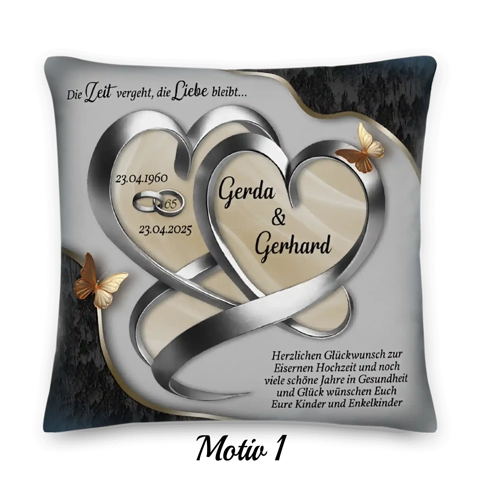 Kissen Eisenhochzeit Motiv mit silbernen Herzen, Schmetterlingen und Glückwunschtext