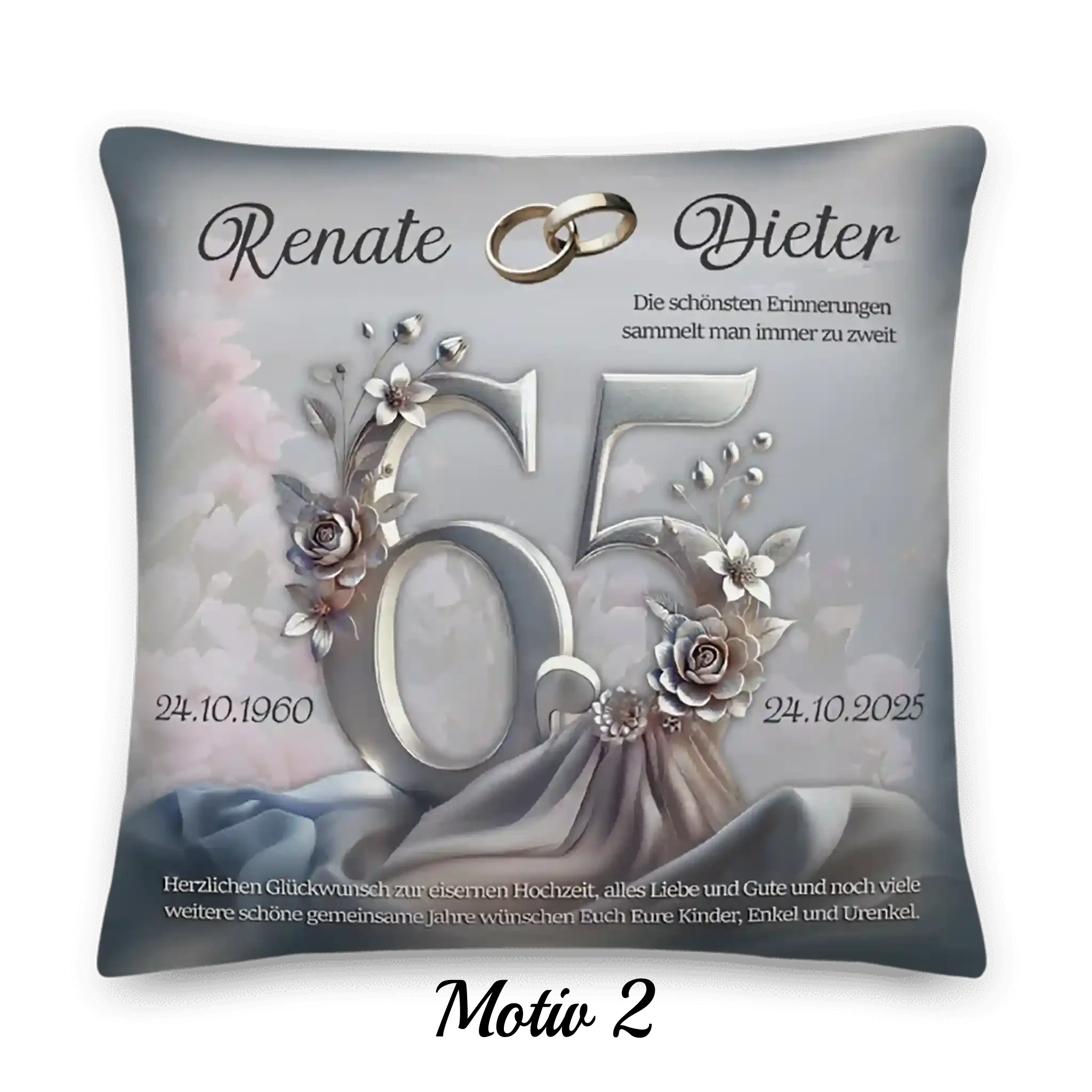 Dekokissen Eisenhochzeit mit silberner 65, Rosen, Eheringen und personalisierten Namen, Jubiläum Geschenk