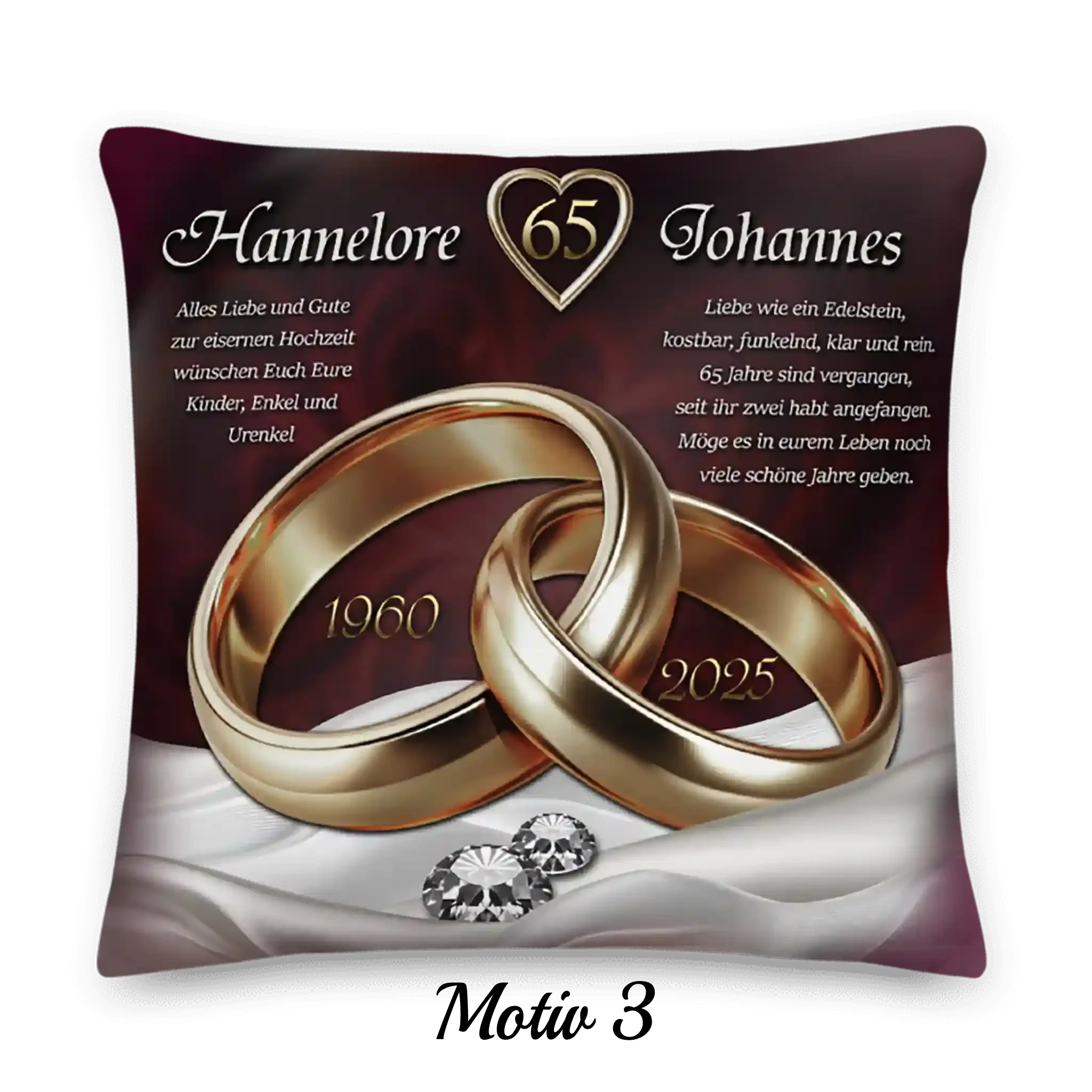 Kissen Eisenhochzeit Motiv mit goldenen Ringen, Herz und Diamanten, Namen, Jahreszahlen 1960-2025