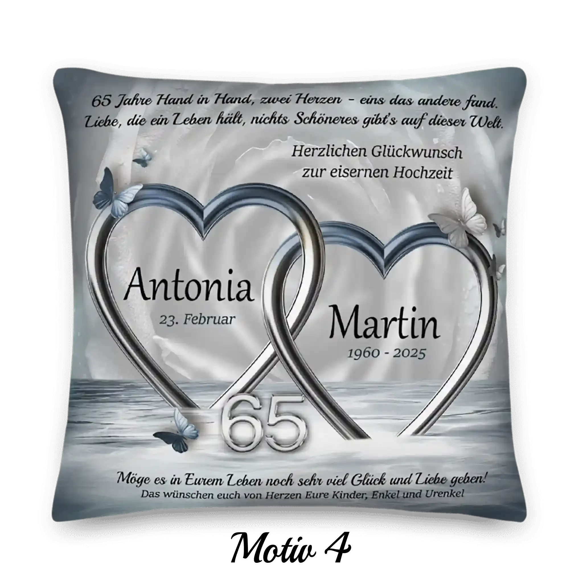 Deko-Kissen zur Eisenhochzeit mit silbernen Herzen, Schmetterlingen und Aufschrift 65 Jahre