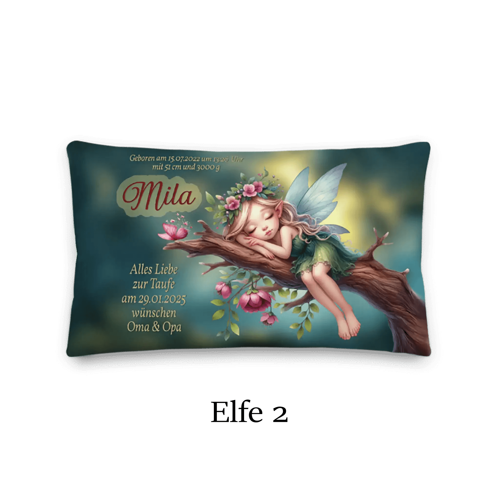 Personalisierbares Kissen mit schlafender Elfe auf Ast, Blumen, Name Mila, Taufe Geschenk