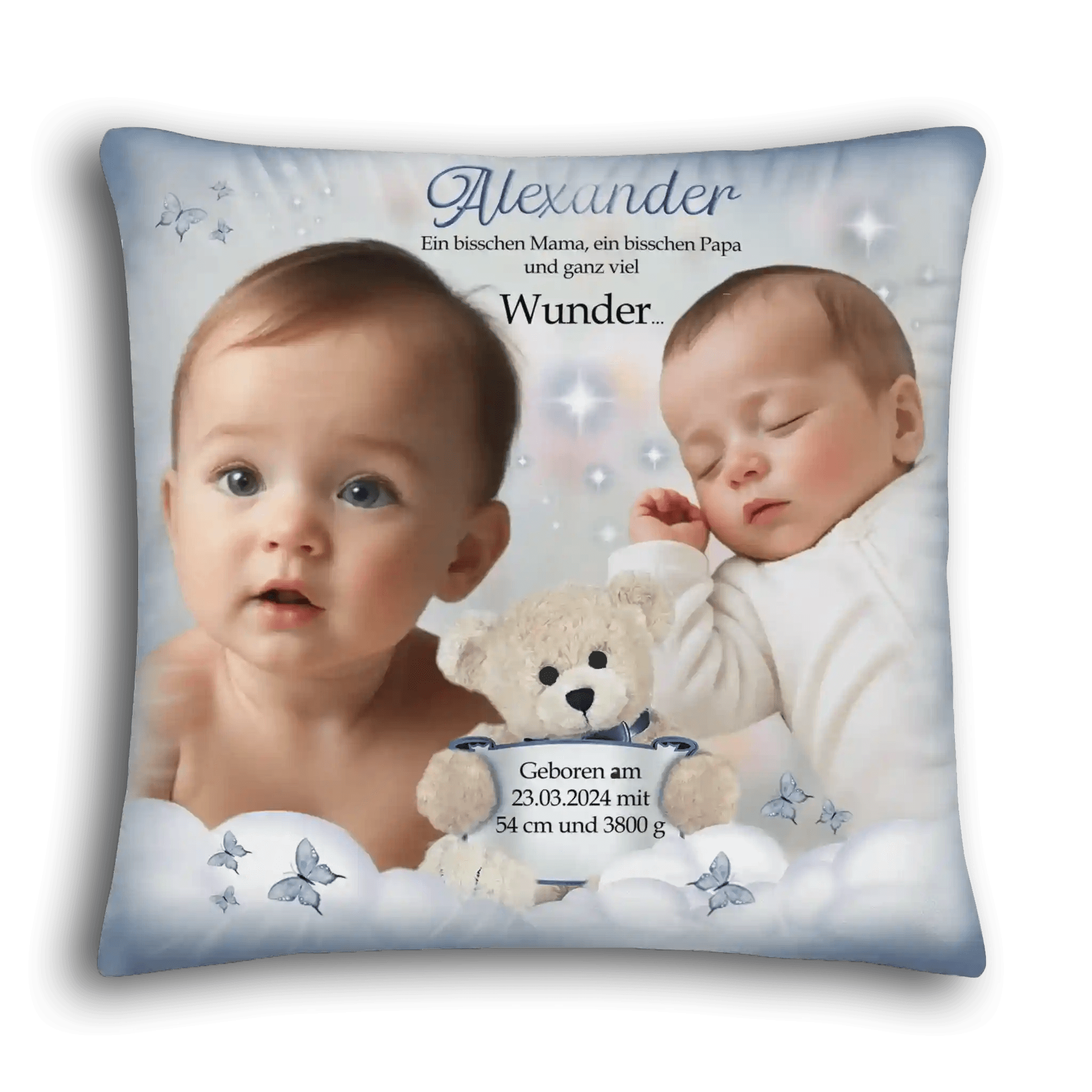 Personalisiertes Kissen zur Geburt mit Babyfotos, Teddy und Geburtsdaten, Taufe Geschenk