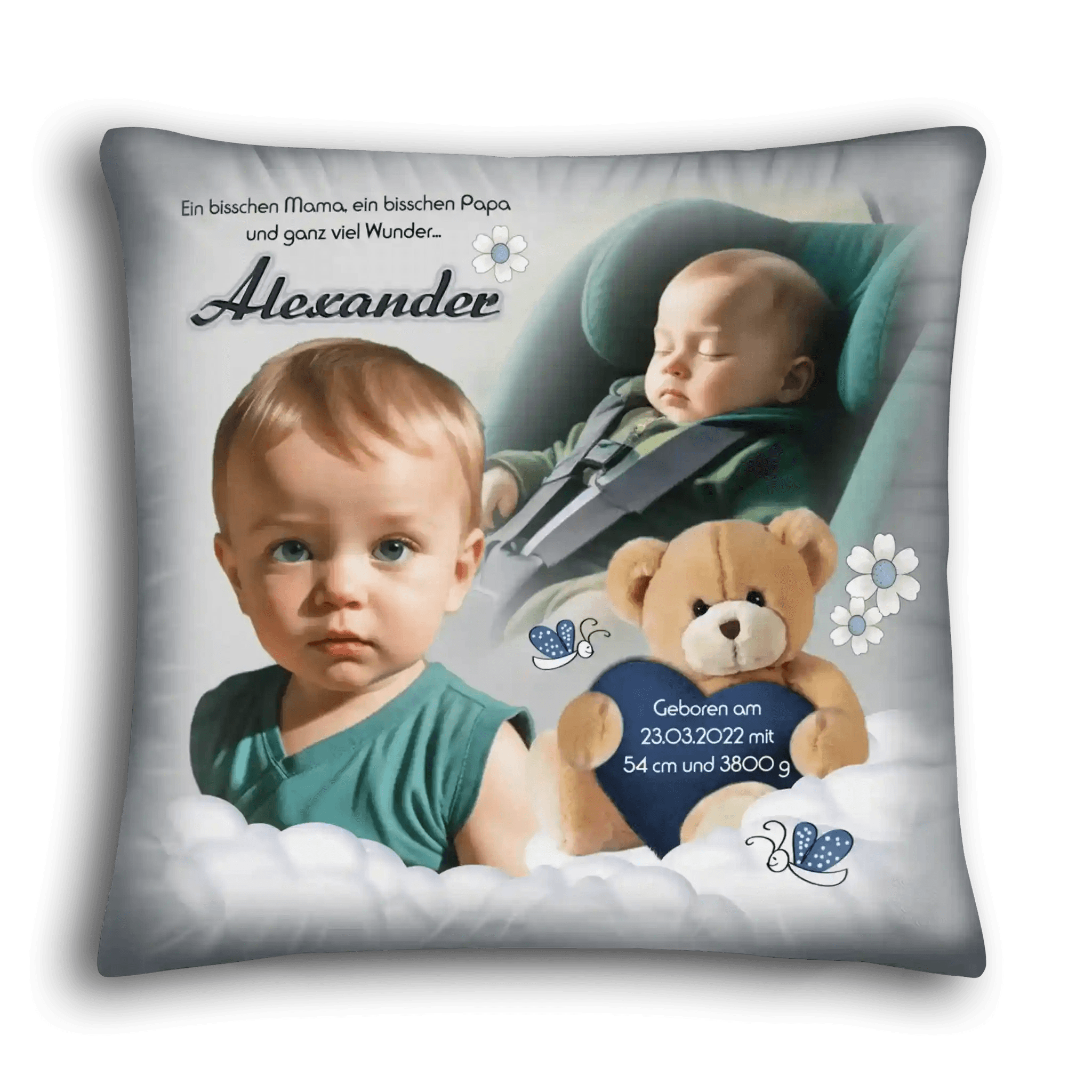 Personalisierte Kissen zur Geburt und Taufe für Jungen mit Babyfoto, Bär und Name Alexander.