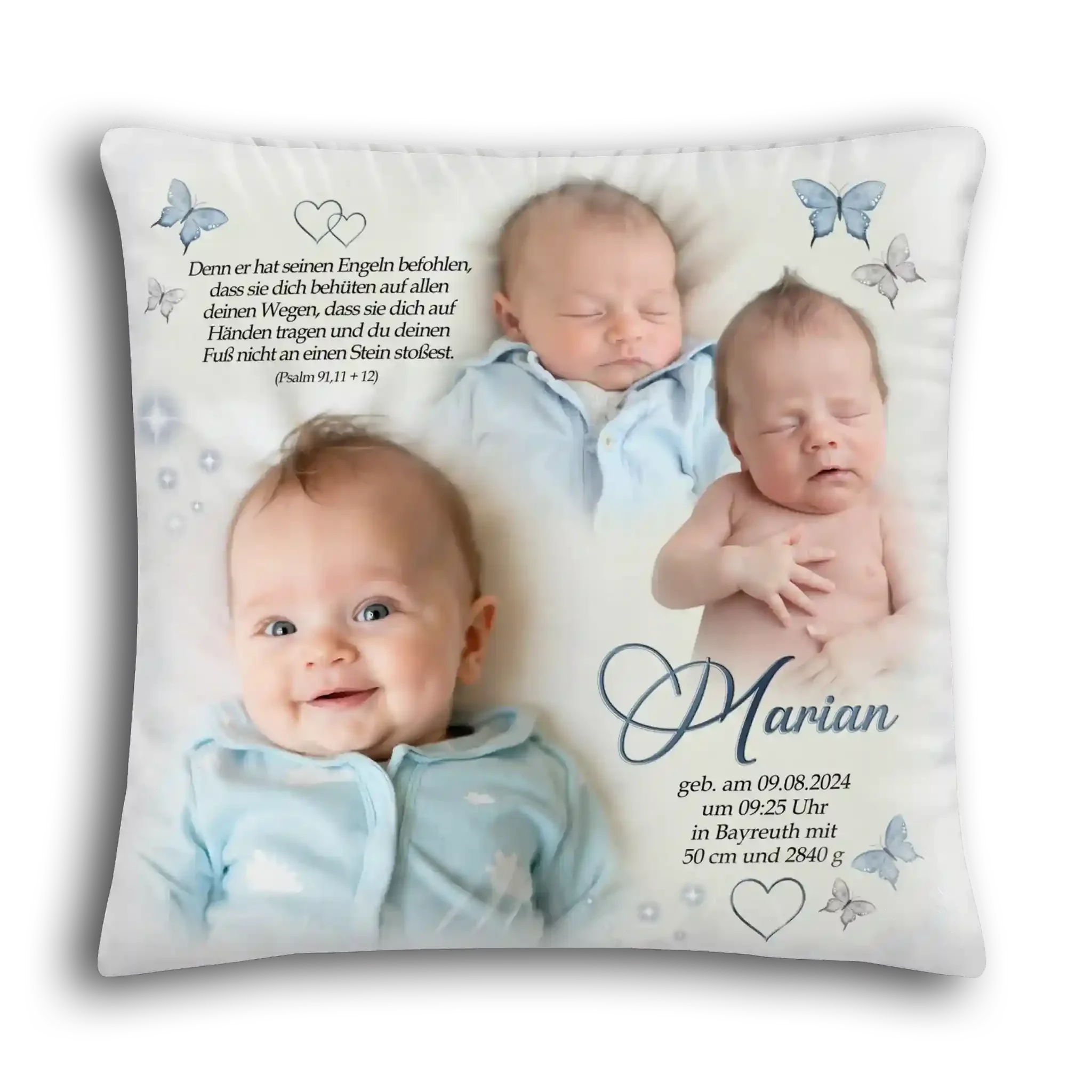 Kissen Geburtsgeschenk mit Babyfotos, Name Marian, Geburtsdaten, und blauen Schmetterlingen.