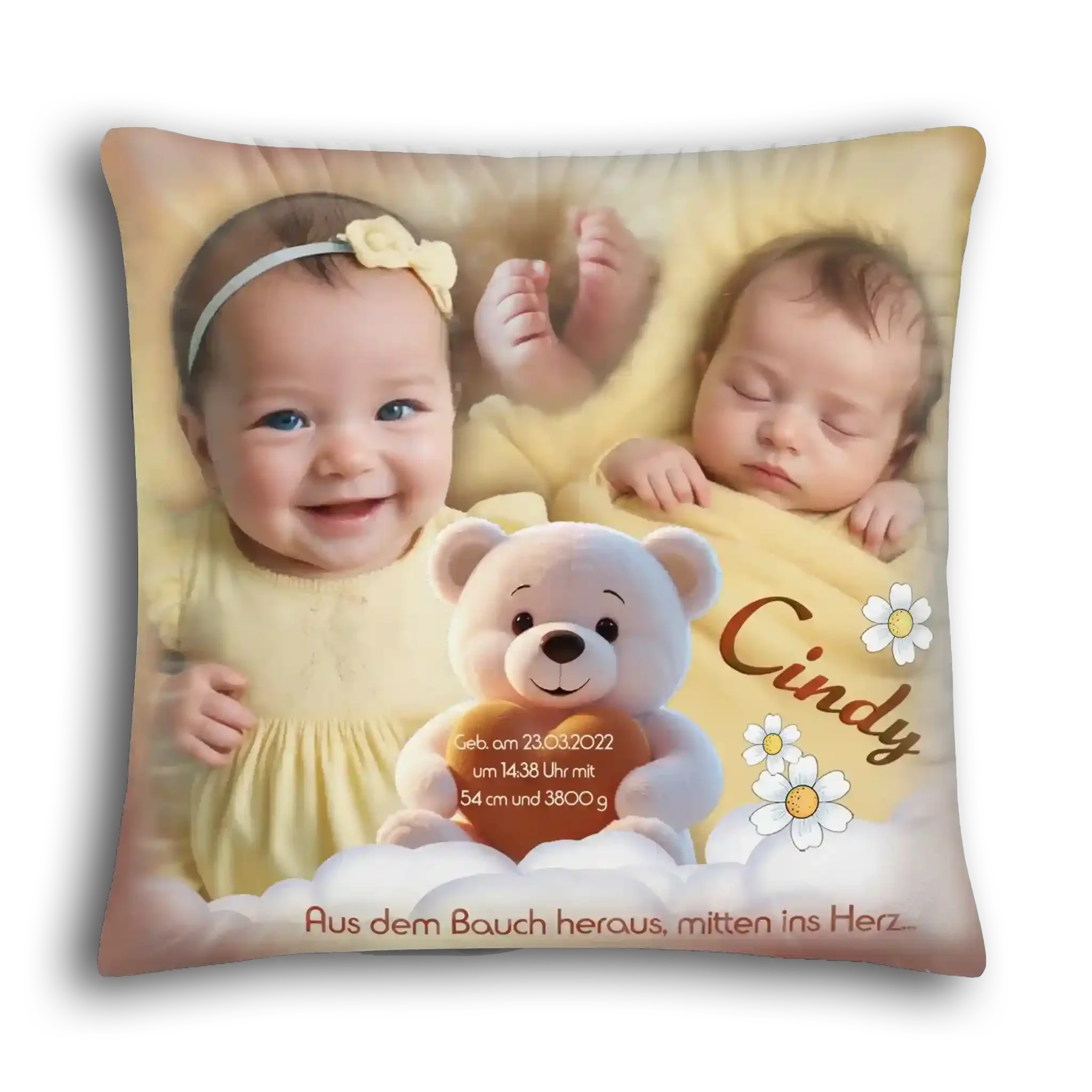 Personalisierte Taufkissen mit Babyfoto, Name Cindy, Teddybär und Geburtsdaten, Geschenk Geburt Mädchen