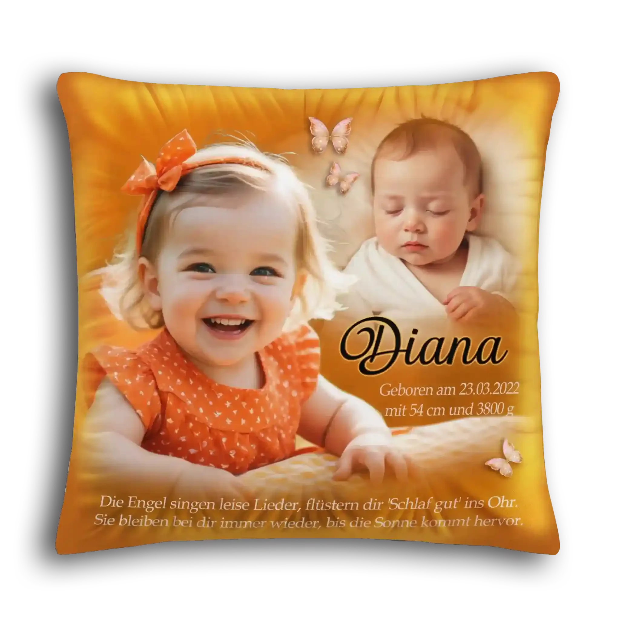 Personalisierbares Kissen zur Geburt oder Taufe Mädchen, Babyfoto, Name Diana, Schmetterlinge, Text.