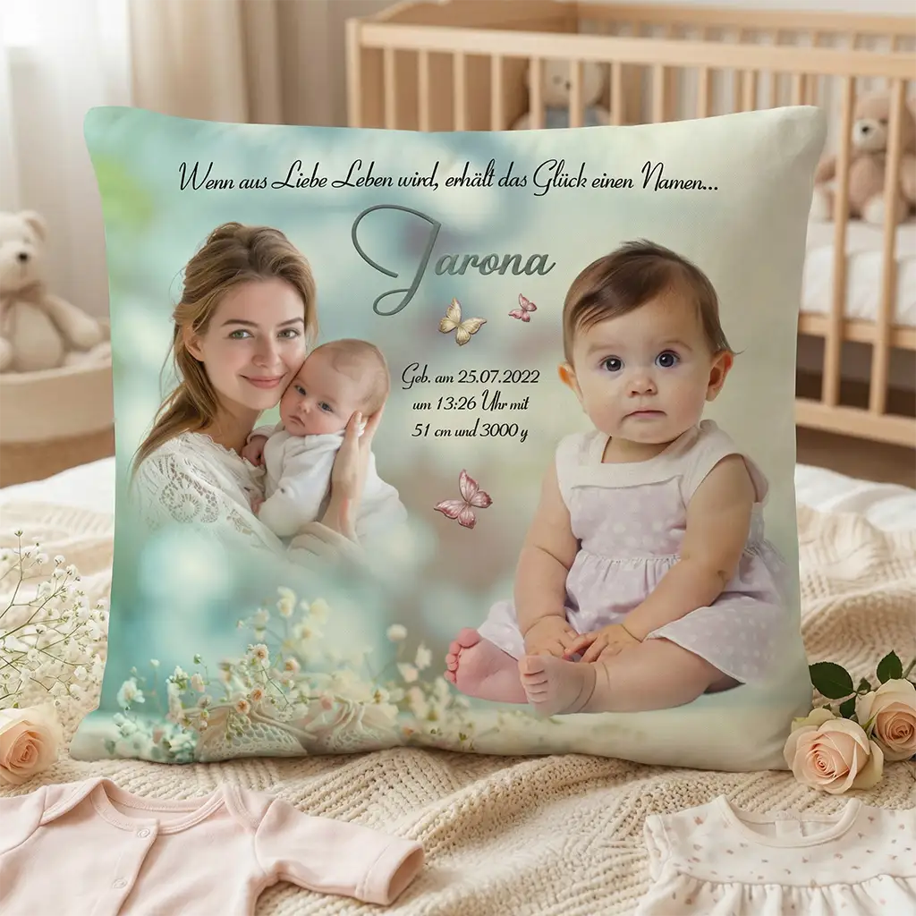 Personalisiertes Babykissen mit Fotos von Mutter und Baby, Name „Jarona“, Geburtsdaten und Schmetterlingen – dekoriert im Babybett mit Rosen und Strampler als Geschenk zur Geburt.
