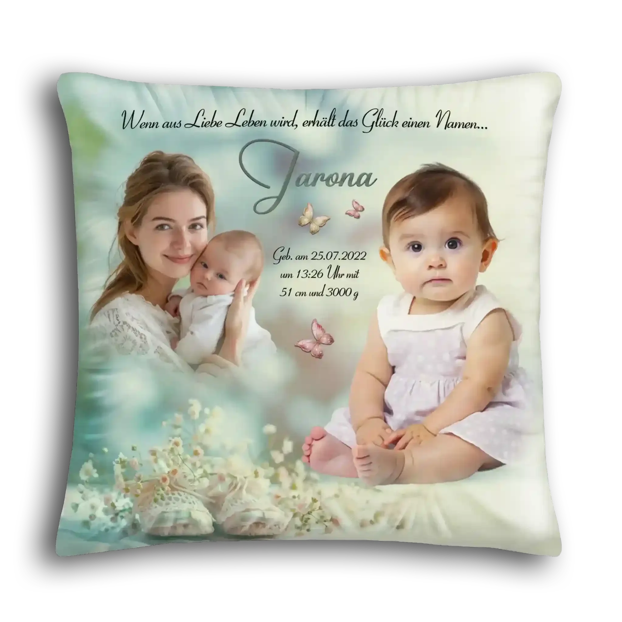 Individuelles Kissen zur Geburt und Taufe mit Babyfoto, Mutter, Schmetterlingen und Namen Jarona