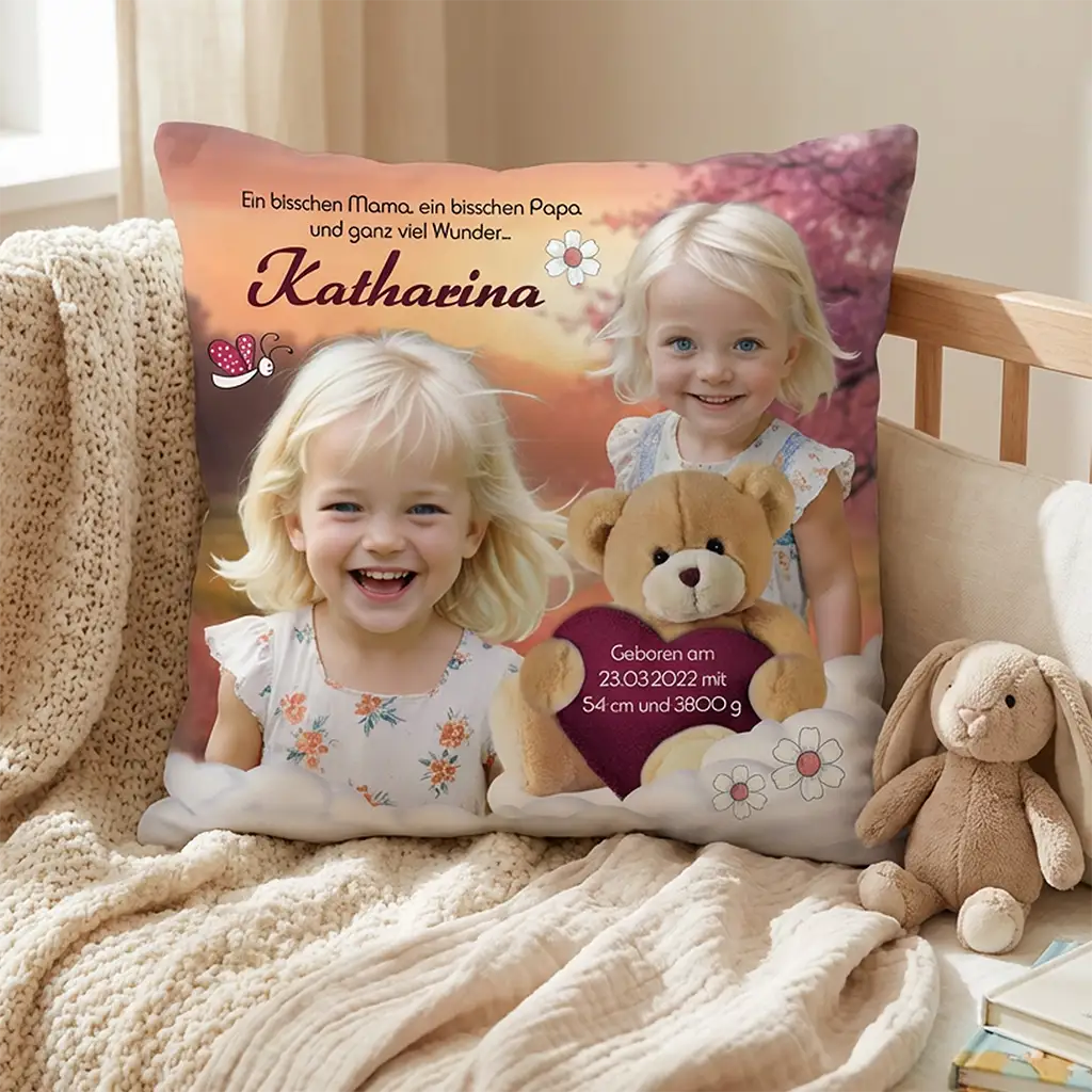 Personalisiertes Babykissen mit zwei Fotos eines kleinen Mädchens, Name „Katharina“, Geburtsdaten auf einem Teddyherz, verspieltes Design in warmen Farben – Geschenk zur Geburt oder Taufe.