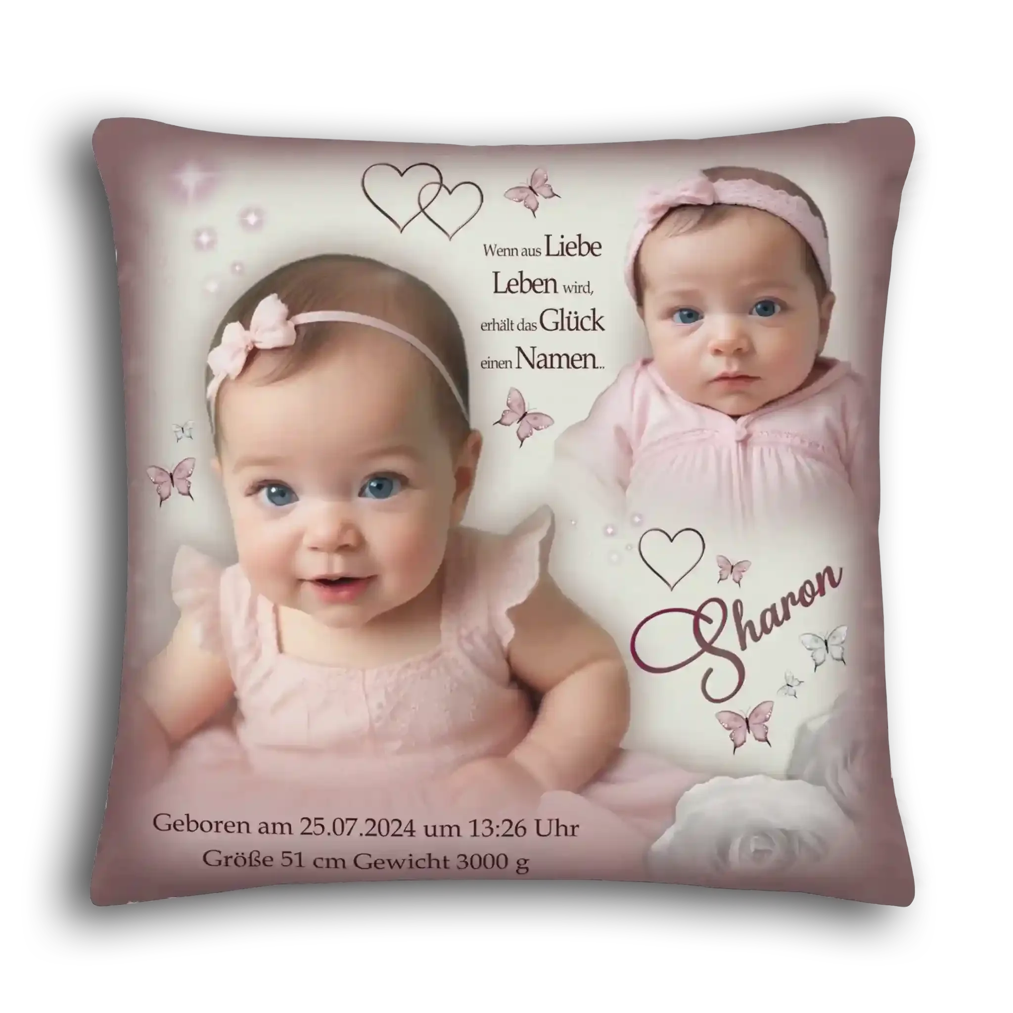 Personalisierte Kissen Geburt Taufe Mädchen mit Babyfoto, Schmetterlingen und Namen Sharon