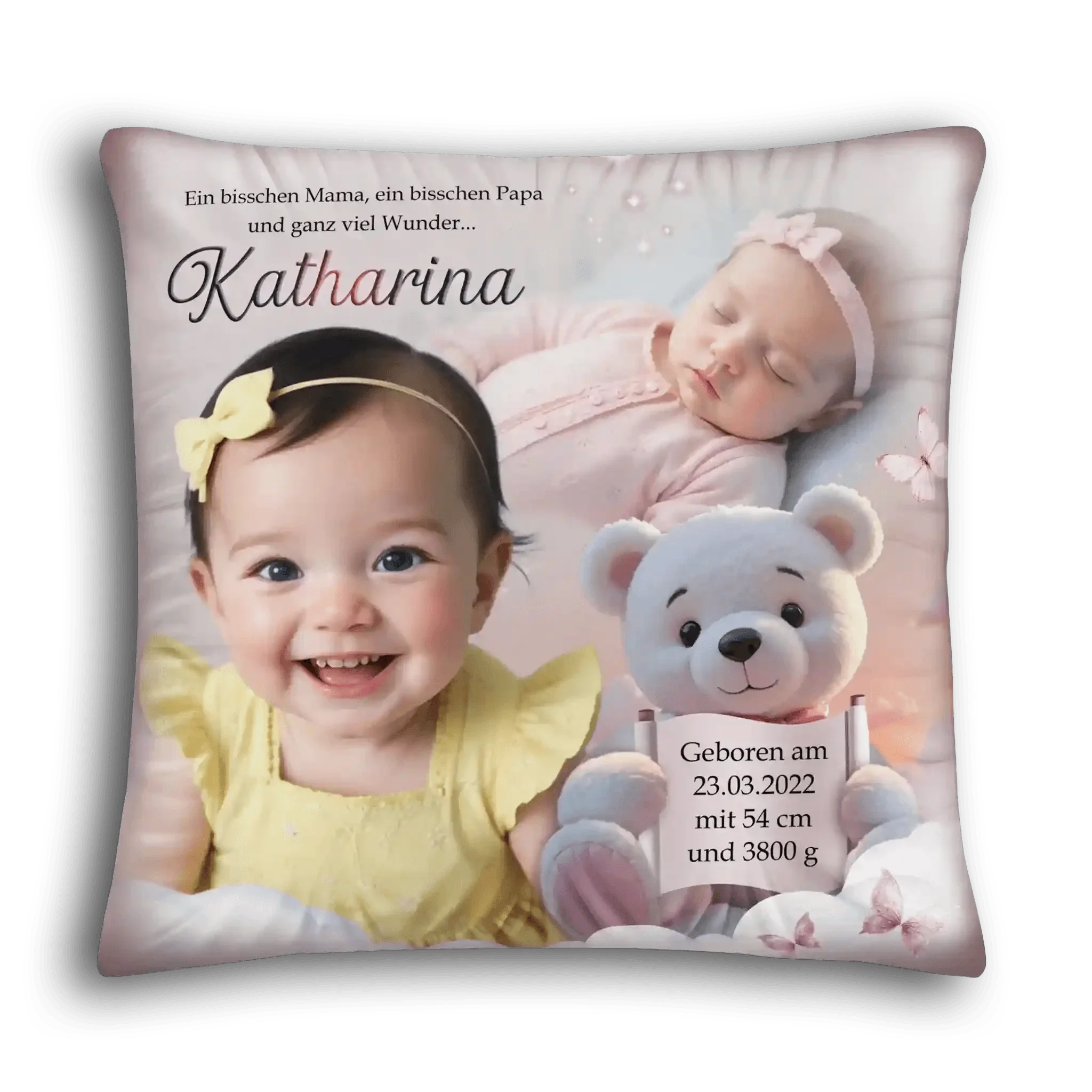 Personalisiertes Kissen zur Geburt oder Taufe für Mädchen mit Babyfoto, Teddybär und Geburtsdaten.