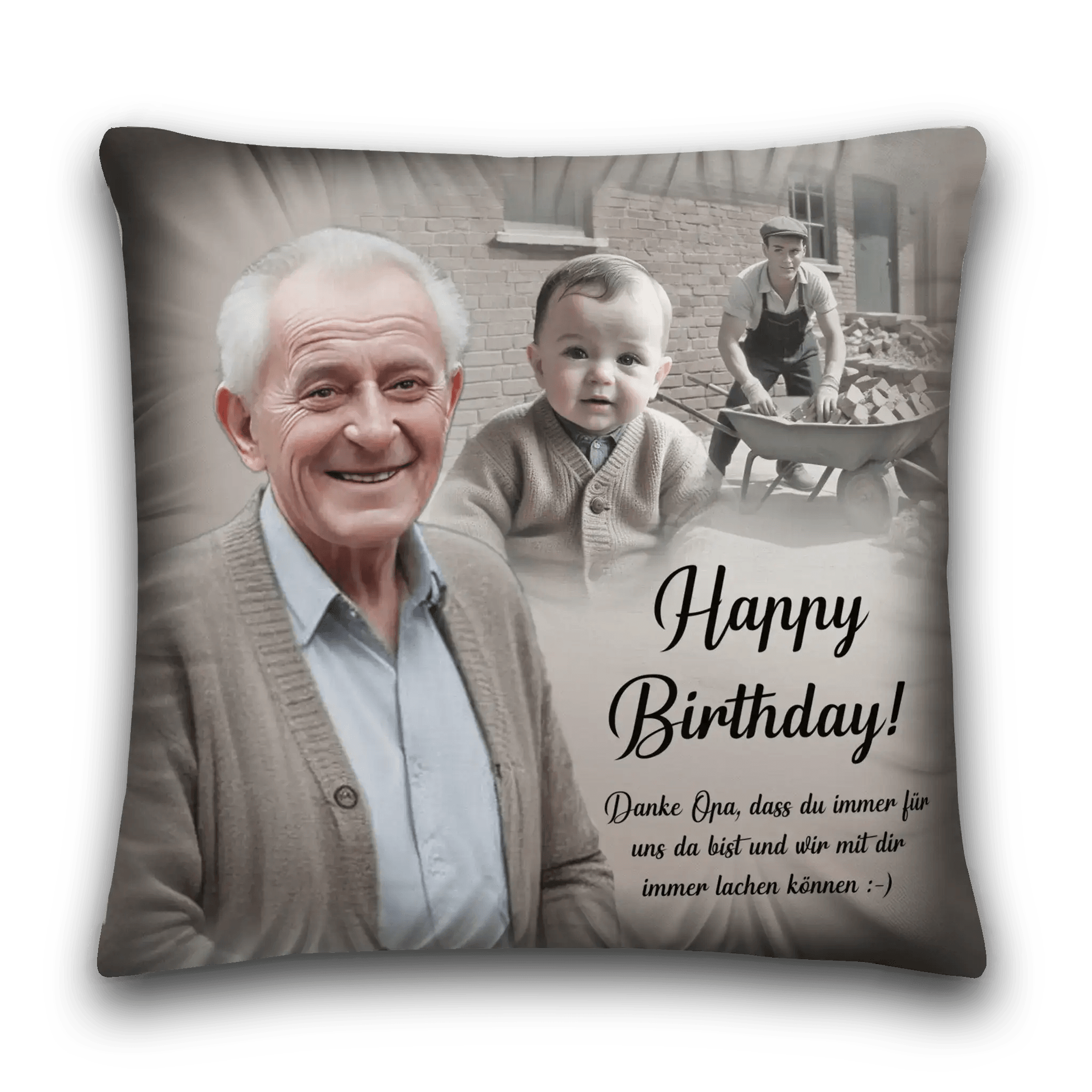 Personalisiertes Geburtstagskissen mit Foto von Opa, Kind, Arbeiter und Grußtext in Deutsch