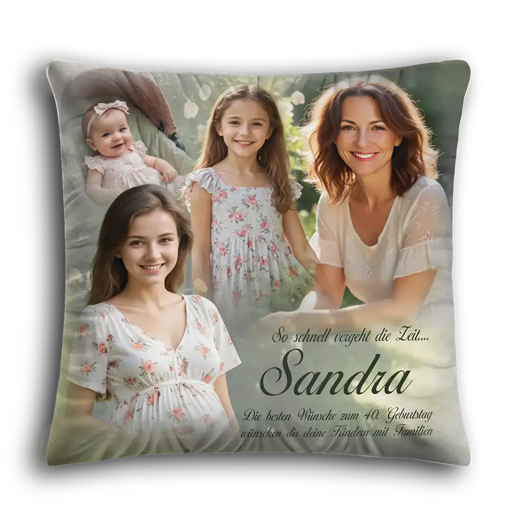 Personalisierte Geburtstagskissen mit Familienfoto, Geschenkidee zum 40. Geburtstag für Sandra