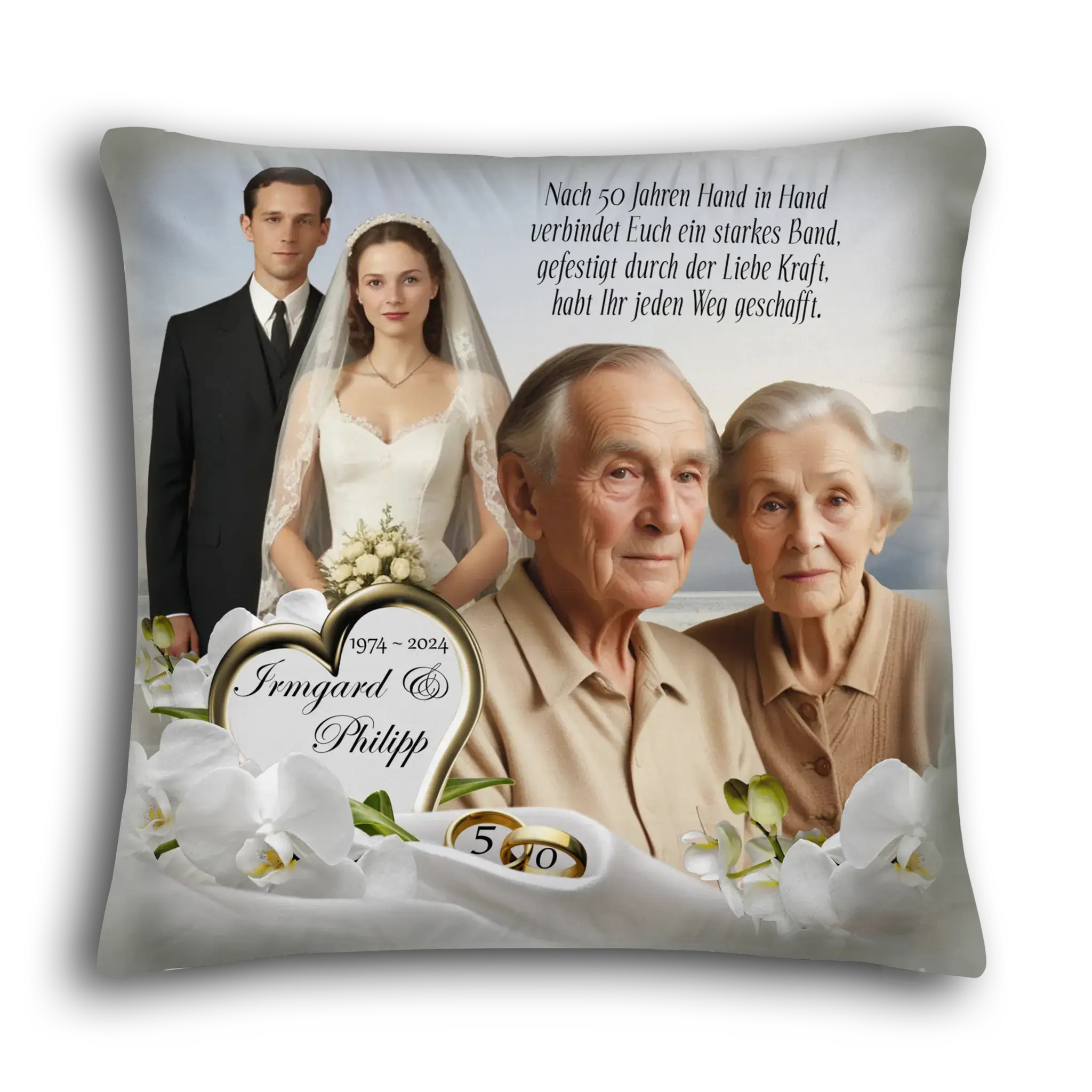 Kissen Goldene Hochzeit mit Porträt älteres Ehepaar, Hochzeitsfoto, goldene Ringe, Orchideen, Namen Irmgard und Philipp, 1974-2024.
